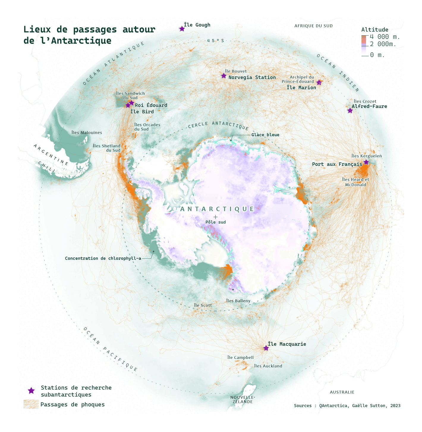 Gaëlle Sutton: "#30DayMapChallenge Day 25: Antarctica Lieux de passages, humains et non-humains, à partir des données de Qantarctica du @NorskPolar," November 25 (<strong><a href="https://twitter.com/Gaelle_Sutton/status/1728345399553900816">Tweet</a></strong>)