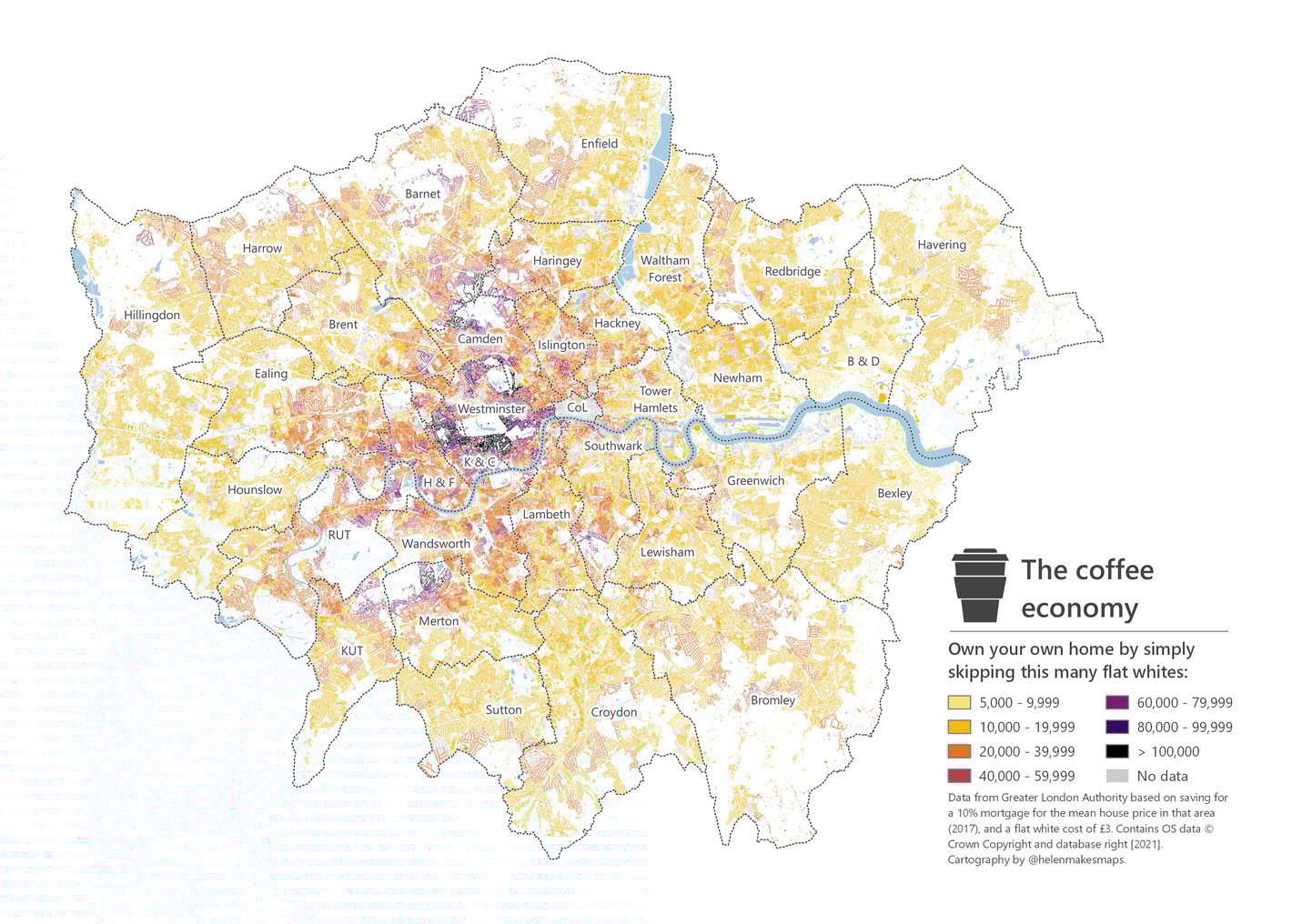 Helen McKenzie: "A handy guide to house-buying in London: how many flat whites you'll need to skip to save for a deposit across the city. I'm not crying, you're crying," November 26 (<strong><a href="https://twitter.com/helenmakesmaps/status/1464204743509745679">Tweet</a></strong>)
