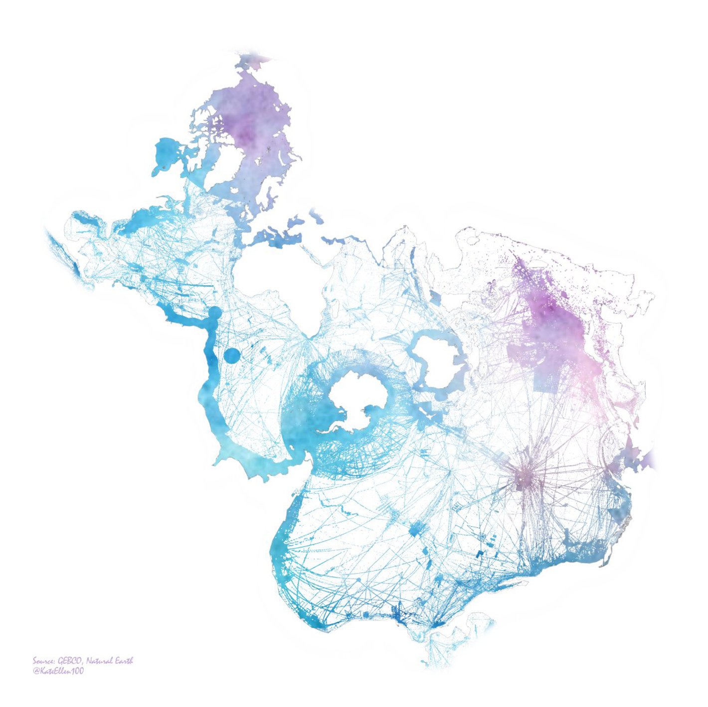 Kate: "Only 1/5 of the ocean floor has been mapped to a resolution of 100m or finer (shown in watercolour), the rest, a bit of a mystery! Great excuse to use Spilhaus. Day 29 - NULL #30DayMapChallenge," November 29 (<a href="https://twitter.com/KateEllen100/status/1465377717348716547"><strong>Tweet</strong></a>)
