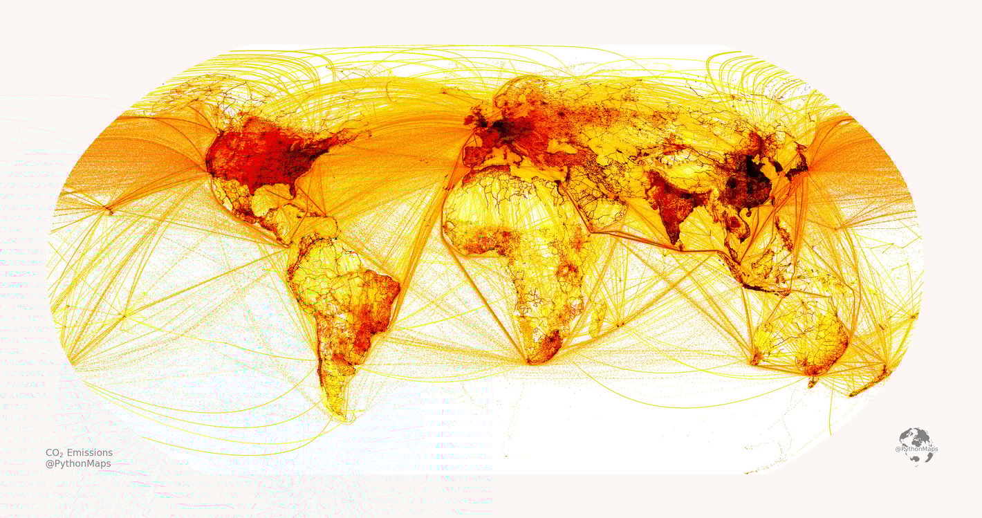 PythonMaps: "Where do the world's CO2 emissions come from? This map shows emissions during 2019. Darker areas indicate areas with higher emissions. Day 27 of the #30DayMapChallenge This map was made with #Python / #matplotlib," November 27 (<strong><a href="https://twitter.com/PythonMaps/status/1464652238651998210">Tweet</a></strong>)