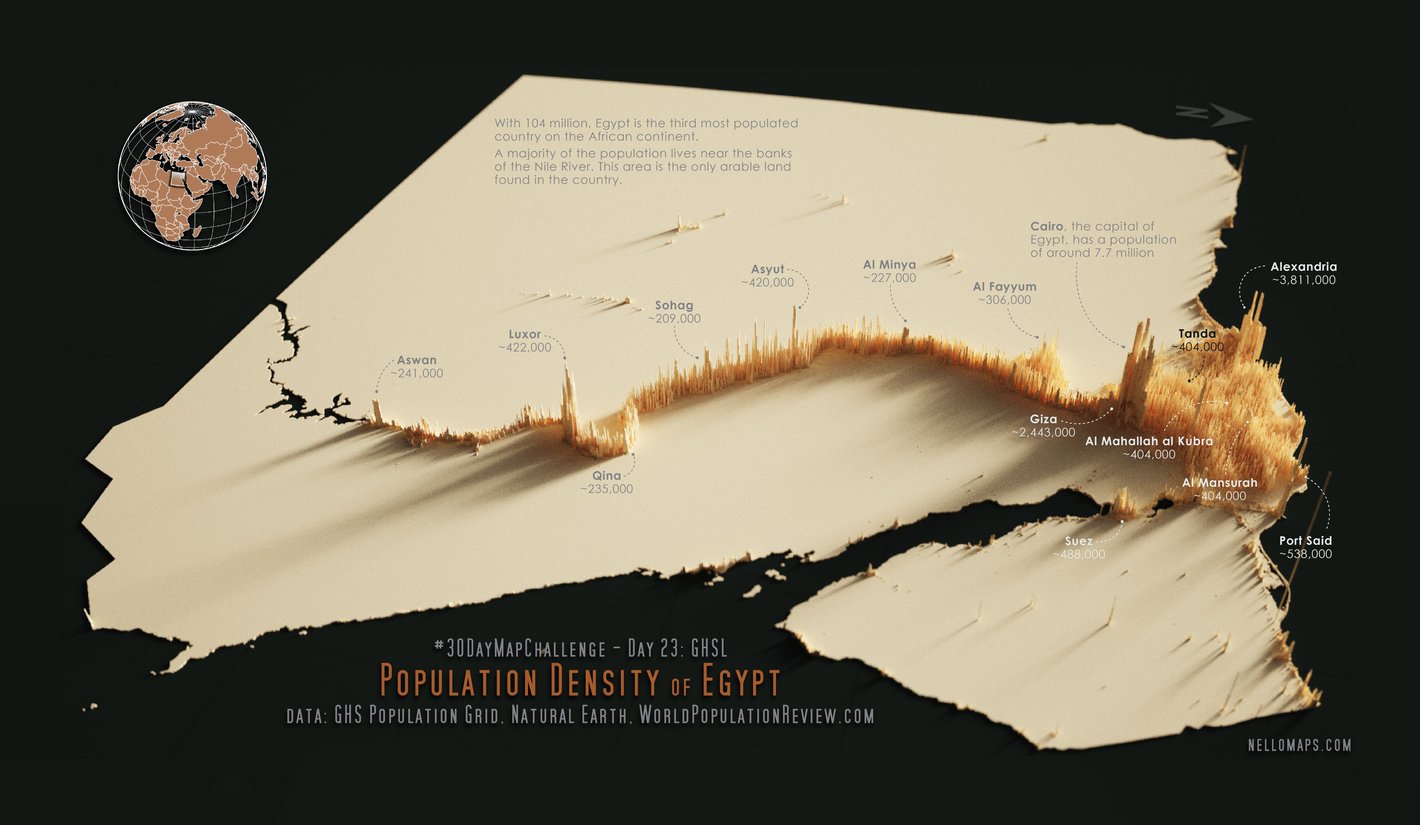 Nelson Schäfer: "Day 23 of #30DayMapChallenge Egypt's unique distribution of population along the Nile River. Made with #Aerialod," November 23 (<a href="https://twitter.com/nello394/status/1463058738554699777"><strong>Tweet</strong></a>)