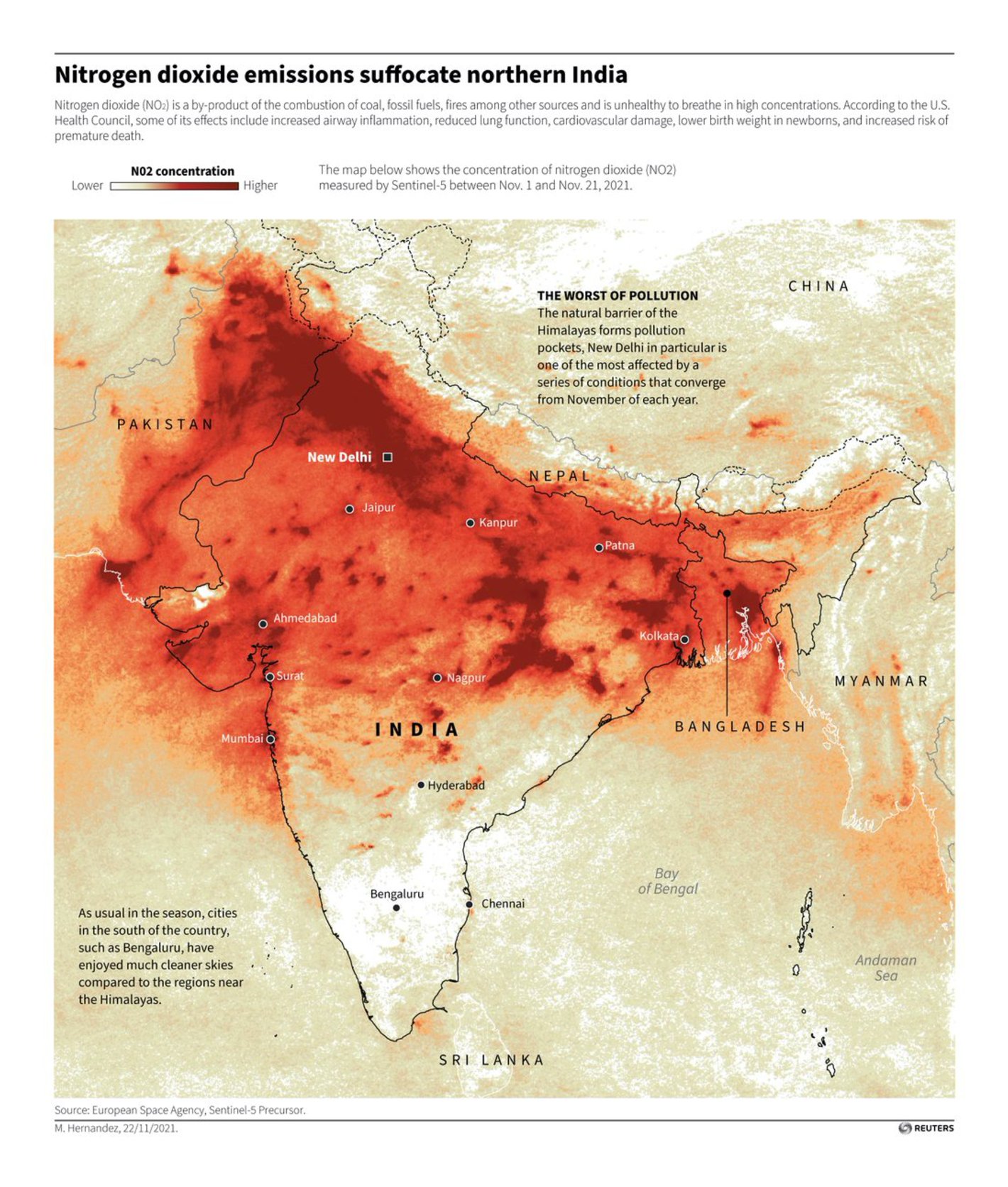 Reuters: "Air Pollution has hit dangerous levels across New Delhi and other parts of northern India this month. As wind speeds slow, the Himalayas tend to trap the colder, low-hanging winter air across northern India and Pakistan, with air pollution accumulating there, unable to escape," November 23 (<a href="https://twitter.com/ReutersGraphics/status/1462995361144864769"><strong>Tweet</strong></a>)