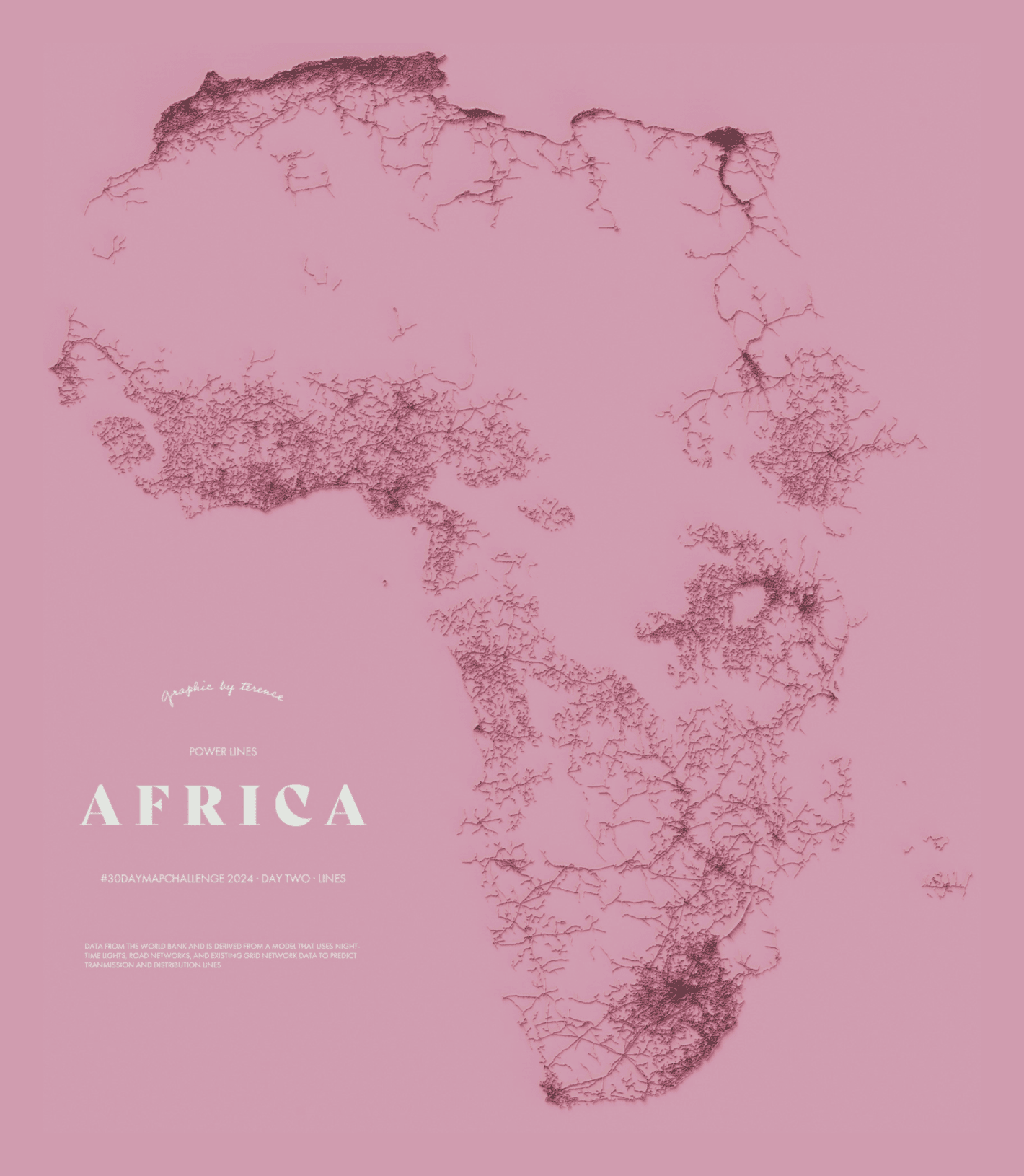 Terence Teo: "Power Lines of Africa. Used data that predicts transmission and distribution lines from night-time lights, road network, and existing power grid network data," November 2 (<a href="https://x.com/researchremora/status/1852688224415608957/photo/1"><strong>Tweet</strong></a>)