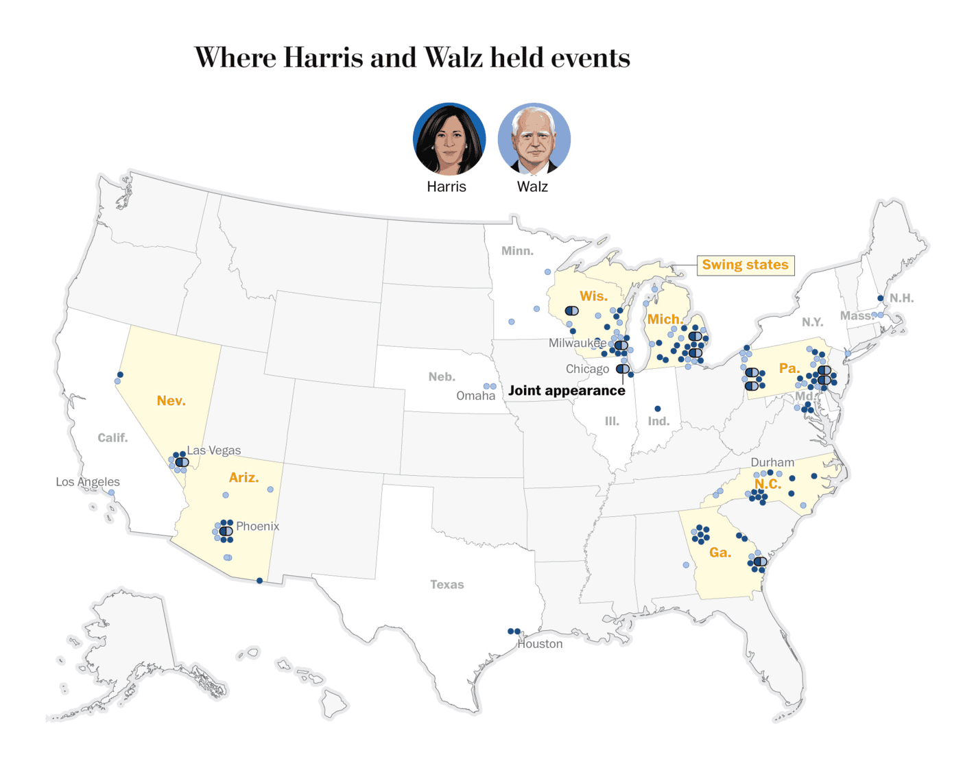 The Washington Post: <a href="https://www.washingtonpost.com/elections/2024/11/04/campaign-events-trump-harris-walz-vance/"><strong>Mapping more than 300 events by Trump, Harris and their running mates</strong></a>, November 4
