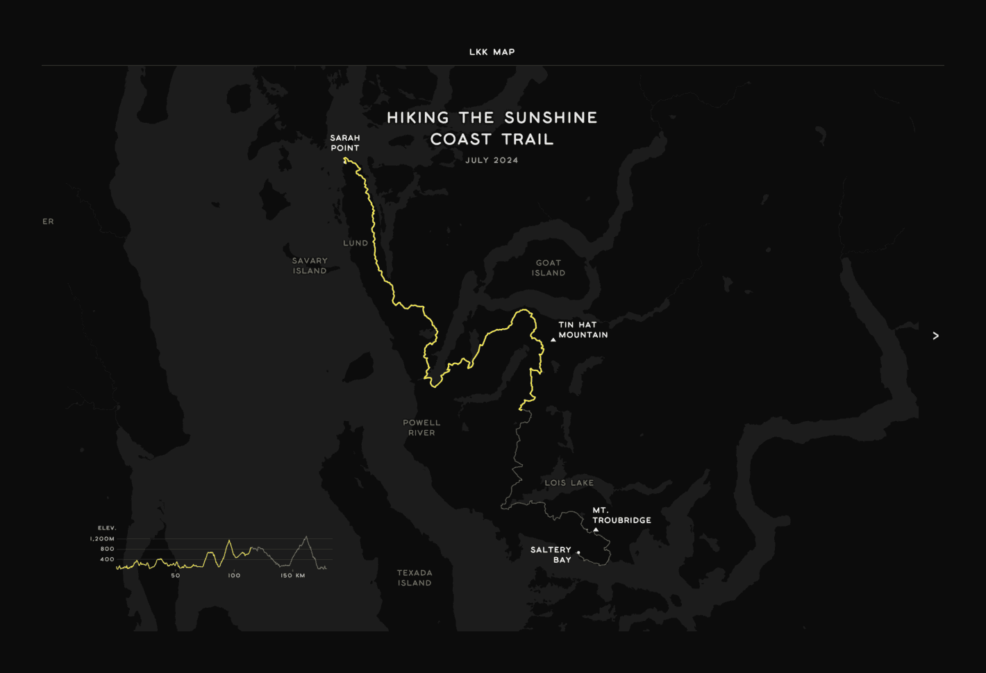 LKK MAP: <strong><a href="https://www.lkk-store.com/lkk-map/a/stories/sunshine-coast-trail/">Hiking the Sunshine Coast Trail</a></strong>, September 26