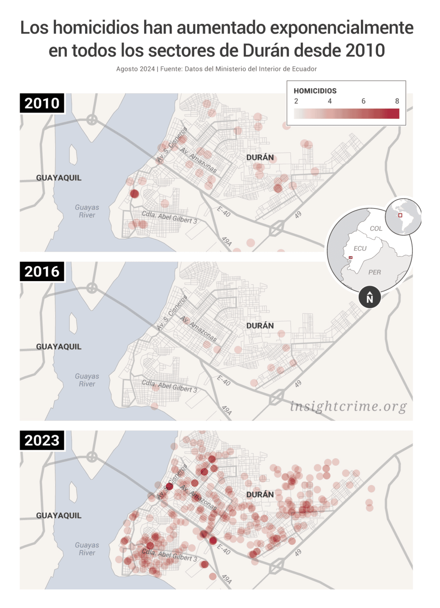 InSight Crime: <strong><a href="https://insightcrime.org/es/investigaciones/anatomia-violencia-duran-ecuador/">La anatomía de la violencia en Durán</a></strong> [<em>Chart title: Homicides have increased exponentially in all sectors of Durán since the beginning of the year.</em>], September
