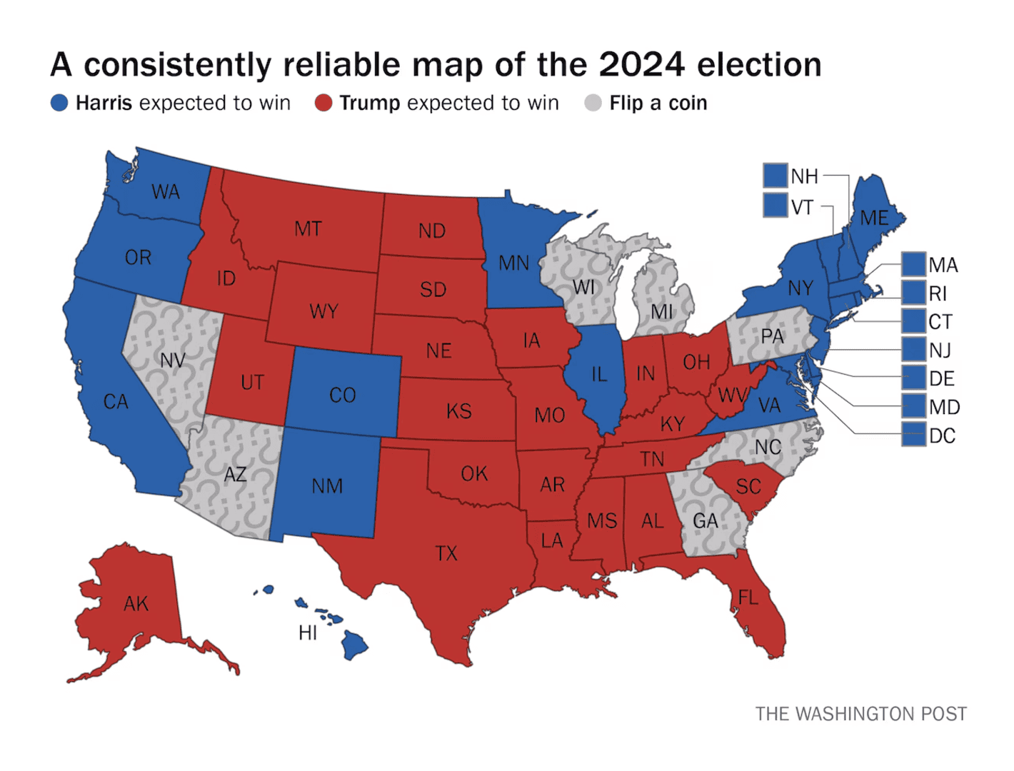 The Washington Post: <strong><a href="https://www.washingtonpost.com/politics/2024/09/27/most-accurate-map-2024-election-youll-see/">The most accurate map of the 2024 election you’ll see</a></strong>, September 27