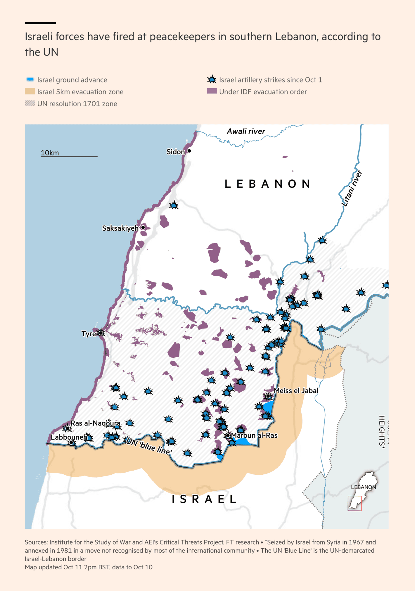 Financial Times: <a href="https://www.ft.com/content/4f613cc7-ecbb-46d9-bca8-892214e1734d"><strong>Israeli fire injures UN peacekeepers in second day of strikes</strong></a>, October 11