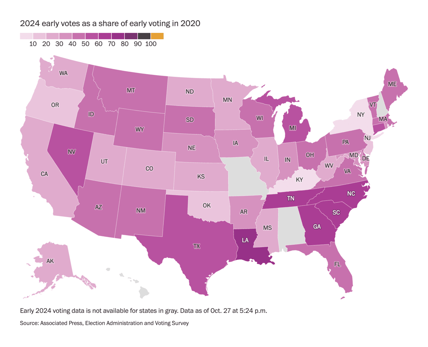 The Washington Post: <strong><a href="https://www.washingtonpost.com/elections/2024/10/24/early-voting-turnout/">Where millions of Americans have cast ballots during early voting</a></strong>, October 27
