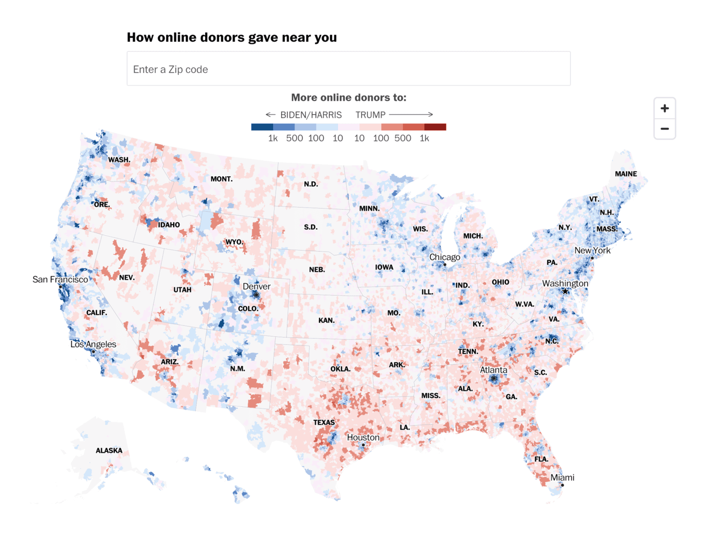 The Washington Post: <strong><a href="https://www.washingtonpost.com/elections/interactive/2024/trump-harris-donors-zip-code-map/">See how your neighborhood is giving to Trump and Harris</a></strong>, October 24