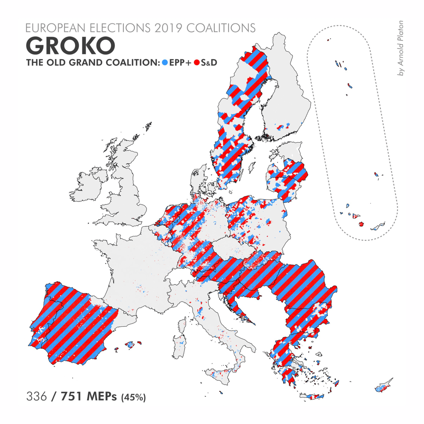 Arnold Platon: "Inspired by Der Spiegel maps of coalition geographies of the 2021 German vote, here is the same thing applied to the 2019 European elections: 1. Old GroKo: EPP+S&amp;D, the minimum needed until 2014 to have a majority 2. The  Chad Coalition (minimum since 2019)," October 1 (<a href="https://twitter.com/Arnold_Platon/status/1443843223349309448/photo/1"><strong>Tweet</strong></a>)