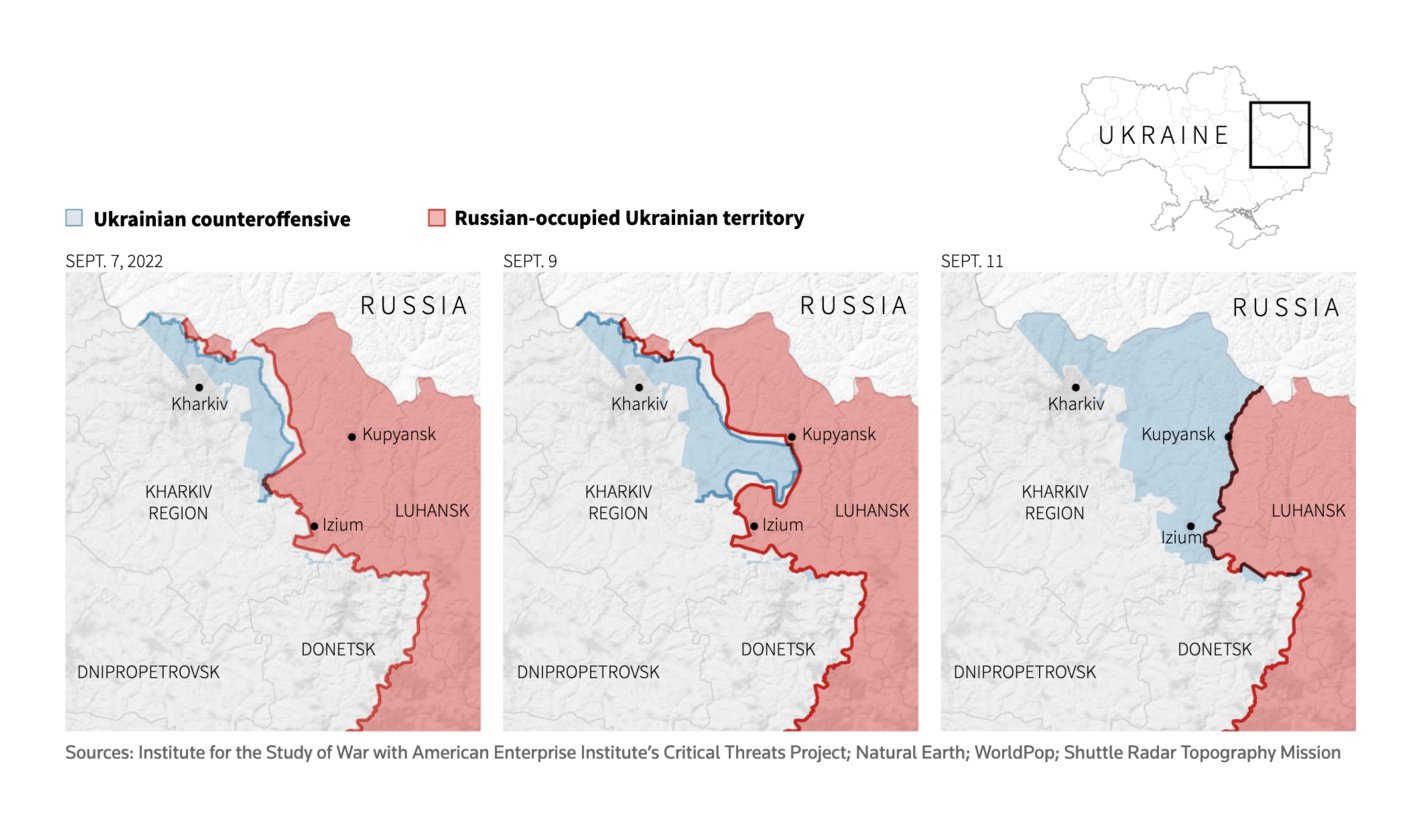 Reuters: <strong><a href="https://graphics.reuters.com/UKRAINE-CRISIS/jnvwemlodvw/">Ukraine makes surprising gains in swift counteroffensive</a></strong>, September 12