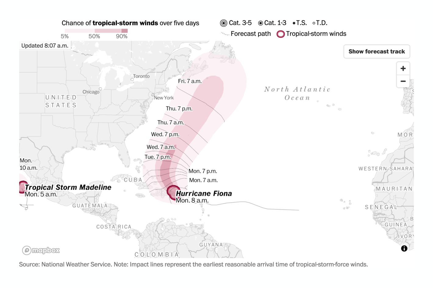 The Washington Post: <strong><a href="https://www.washingtonpost.com/weather/2022/09/18/hurricane-fiona-tracker-map/">Hurricane Fiona tracker: Map and projected storm path</a></strong>, September 18