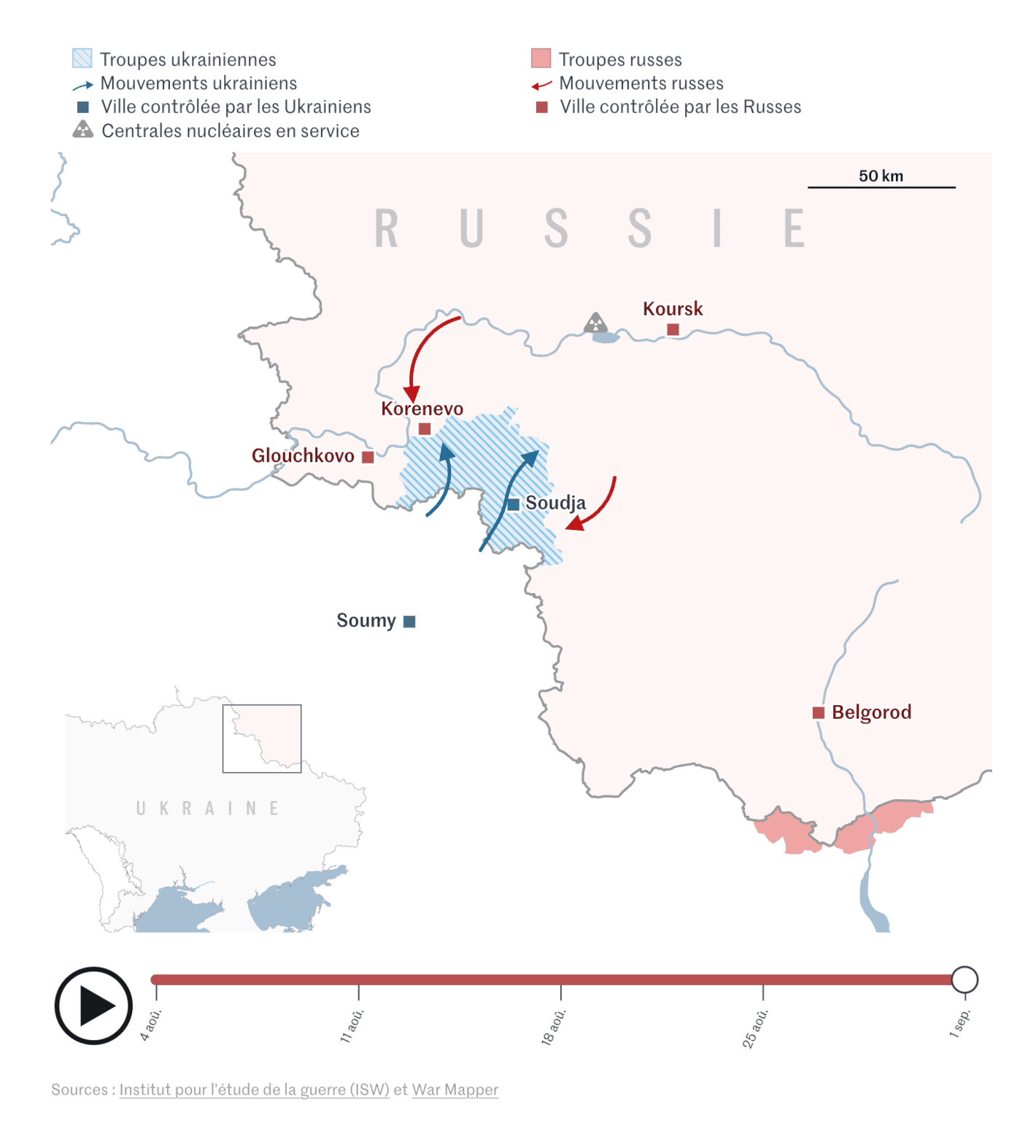 Le Monde: <strong><a href="https://www.lemonde.fr/les-decodeurs/article/2024/08/30/en-carte-la-percee-de-l-armee-ukrainienne-en-russie-depuis-le-6-aout-2024_6299613_4355770.html">En carte&nbsp;: la percée de l’armée ukrainienne en Russie depuis le 6&nbsp;août&nbsp;2024</a></strong> [<em>On the map: the breakthrough of the Ukrainian army in Russia since August 6, 2024</em>], August 30
