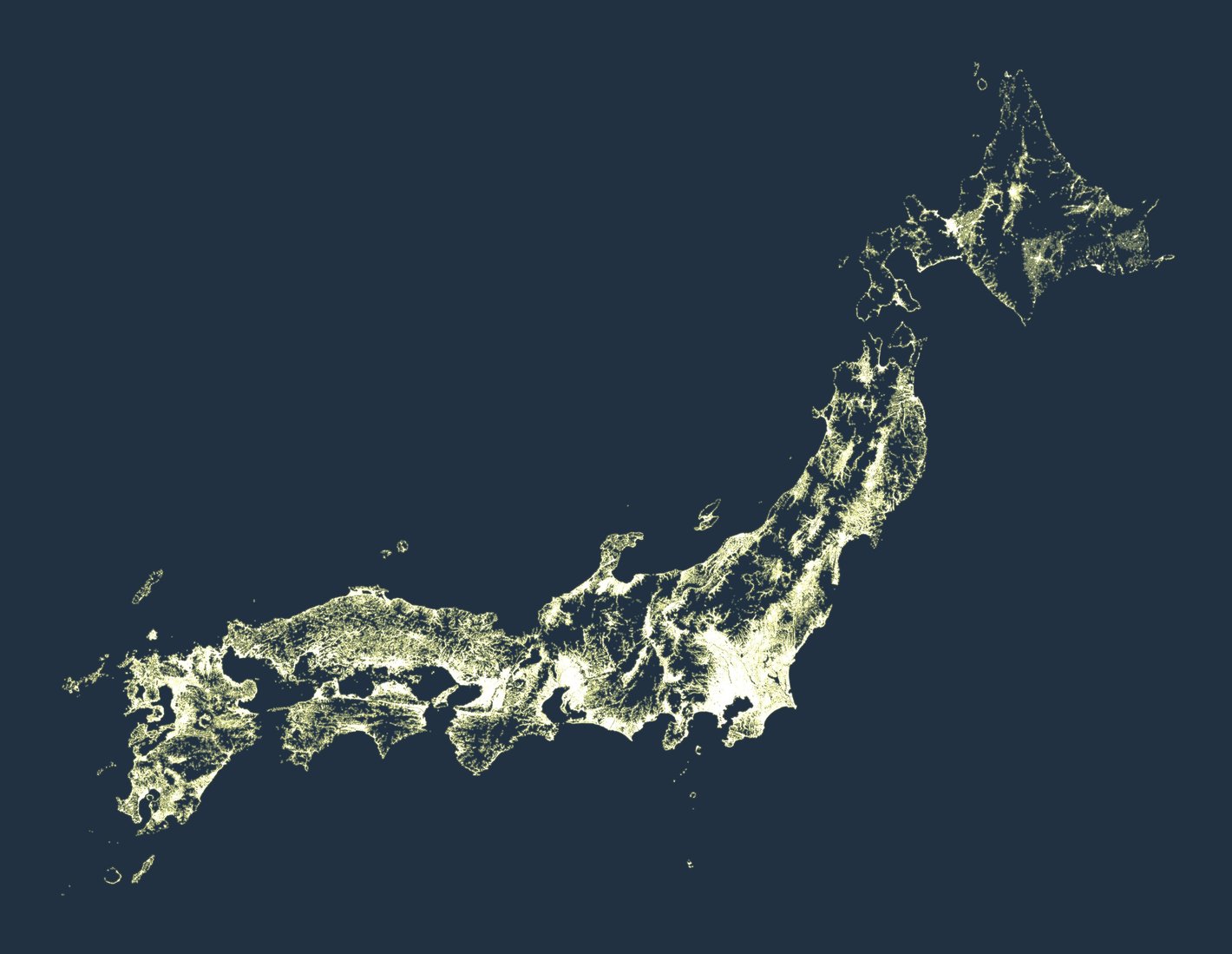 にゃんこそば: "日本国内で「人が住んでいるところ」を光らせてみた。" [I tried to visualize 'where people live' in Japan.], September 3 (<a href="https://twitter.com/ShinagawaJP/status/1433769159859392515"><strong>Tweet</strong></a>)