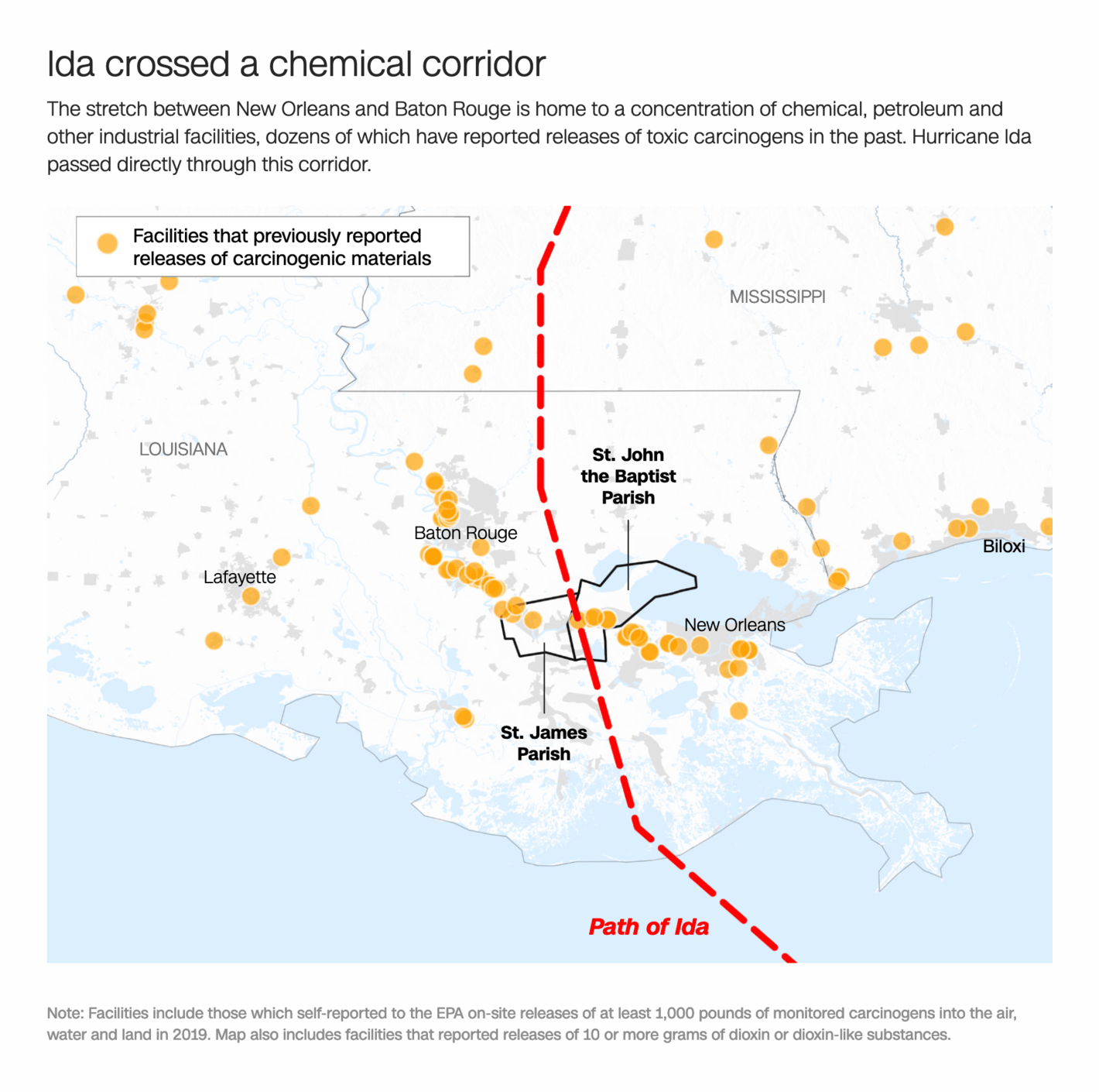 CNN: <strong><a href="https://edition.cnn.com/2021/09/06/us/hurricane-ida-cancer-alley-pollution/index.html">What a hurricane means when you live in Louisiana's 'Cancer Alley'</a></strong>, September 6