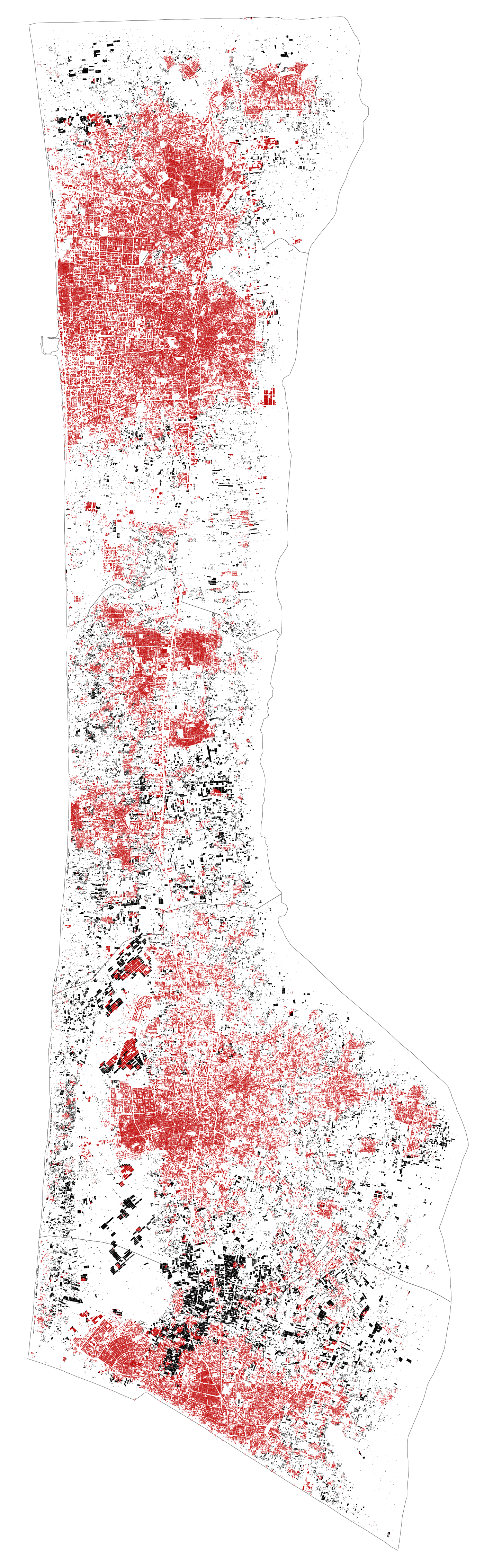 OpenStreetMap buildings in Gaza colored based on damage analysis of the <a href="http://www.conflict-ecology.org/" target="_blank">Conflict Ecology lab</a>. Damaged buildings are shown in red.