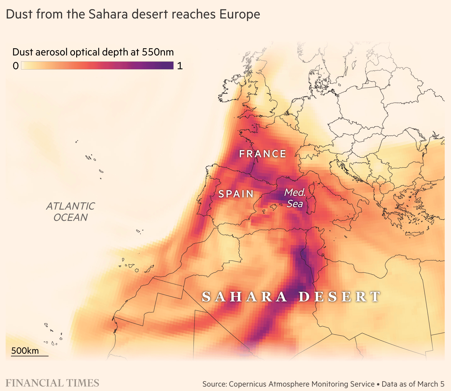 Financial Times: <a href="https://www.ft.com/content/0f78551e-e074-4062-bad6-9d673e5ae397?syn-25a6b1a6=1"><strong>How we made it: Sahara dust reaches Europe</strong></a>, April 2