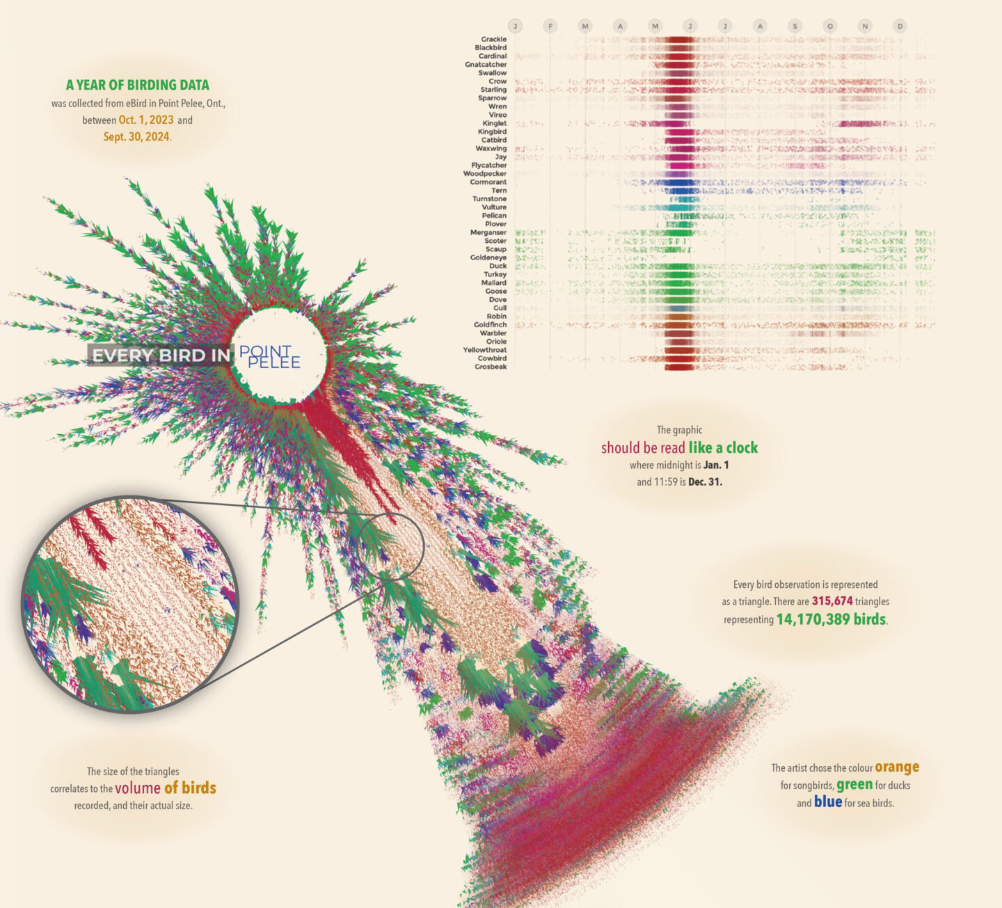 Jer Thorp: "Have been hearing from quite a few 🇨🇦 friends who read this Canadian Geographic piece about my visualization of every bird in Point Pelee, Ontario," (<a href="https://bsky.app/profile/jerthorp.bsky.social/post/3mncn2is5jc2i"><strong>Bluesky</strong></a>, <a href="https://canadiangeographic.ca/articles/every-bird-counted-on-point-pelee-ont-in-one-year/"><strong>project website</strong></a>) June 2