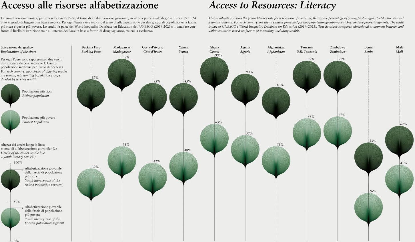 Frederica Fragapane: "The Access to Resources graphic visualizes the inequalities related to youth literacy, showing the percentage of young people aged 15 to 24 who can read a simple sentence in a selection of countries [...]," November 20 (<a href="https://www.linkedin.com/feed/update/urn:li:activity:7397215460599042048/"><strong>LinkedIn</strong></a>)