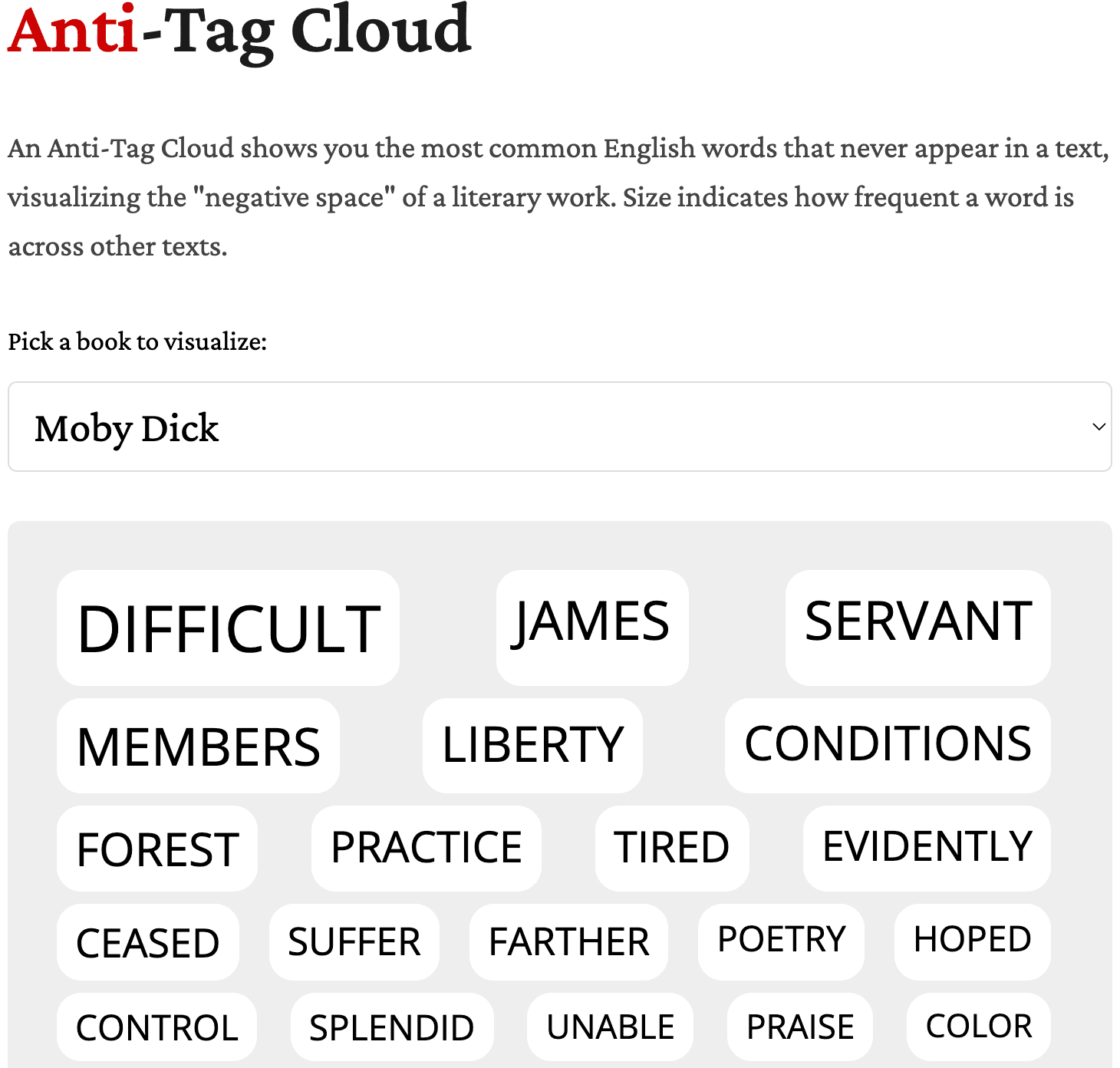 Martin Wattenberg: "How can we visualize what a book ISN'T talking about? With an anti-tag cloud! See the most common English words that are never mentioned in a text," December 8 (<strong><a href="https://bsky.app/profile/wattenberg.bsky.social/post/3lct6oqoikc2t">Bluesky</a></strong>, <strong><a href="https://www.bewitched.com/demo/anti/">Anti-Tag Cloud</a></strong>)