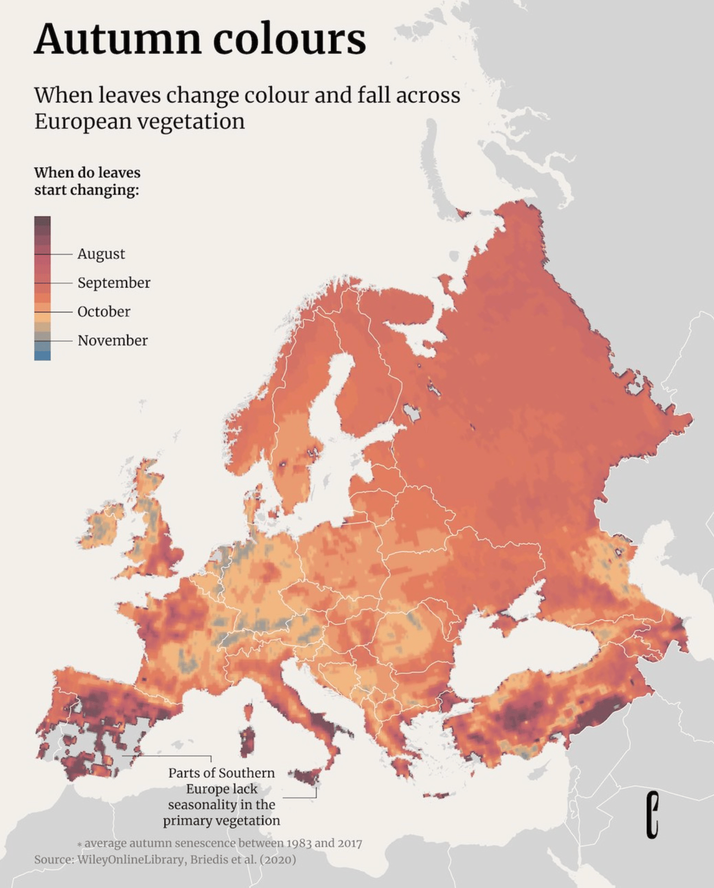 theeuropeancorrespondent: "Summer is over and autumn is upon us! While Europe may not feature the spectacular autumn landscapes of North America, it offers a smaller but more varied seasonal display. The timing of autumn senescence – the changing colour and fall of leaves – varies widely across the continent [...]," October 9 (<a href="https://www.instagram.com/p/DPi7jmlkXNs/"><strong>Instagram post</strong></a>)