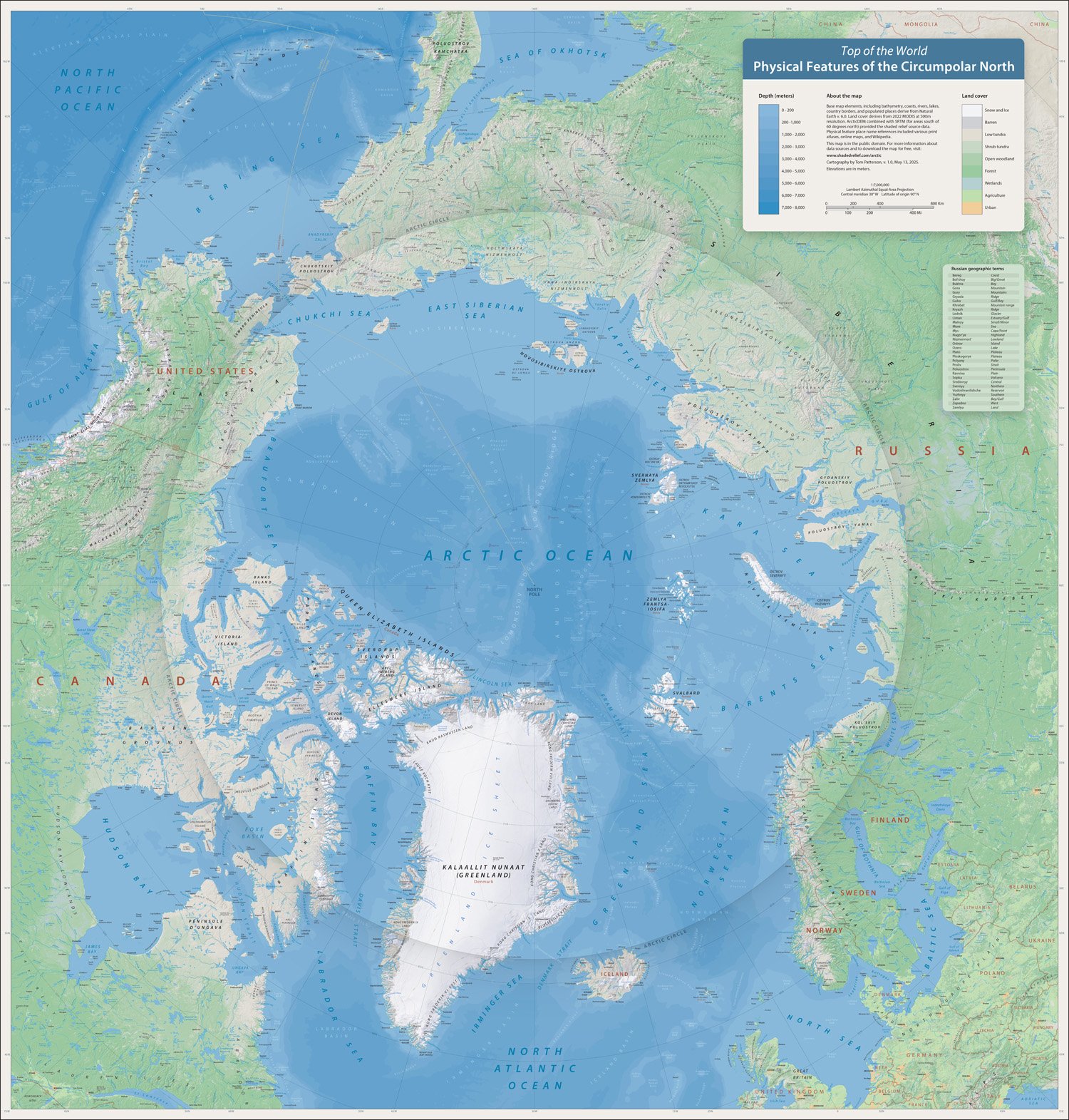 Tom Patterson: "My latest map: Physical Features of the Circumpolar North […]," May 13 (<a href="https://x.com/MtnMapper/status/1922247032263098408"><strong>X</strong></a>, <a href="https://shadedrelief.com/arctic/"><strong>Blog</strong></a>)