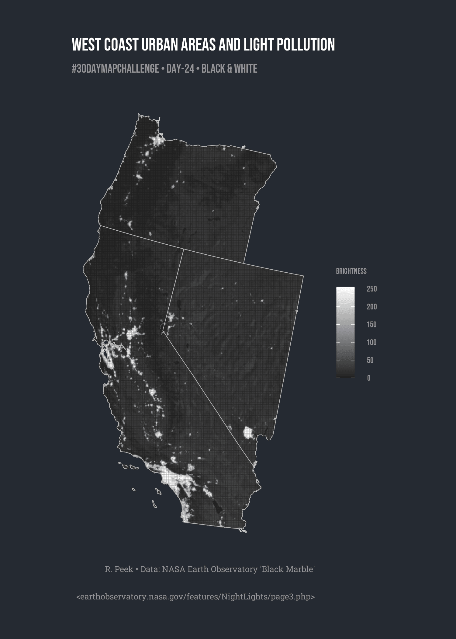 Ryan Peek: "#30DayMapChallenge has been really fun and I’m enjoying seeing all the great maps and visualizations folks are making. I’m surprised I’ve made it this far, but trying to catch up where I can! This is Day 24: Black and White. A combo of urban areas data from {tigris} and Black Marble data. Light pollution can have a big impact on migratory animals, as well as general movement through a landscape," (<strong><a href="https://mastodon.social/@riverpeek@vis.social/111466423377197692">Mastodon</a></strong>)