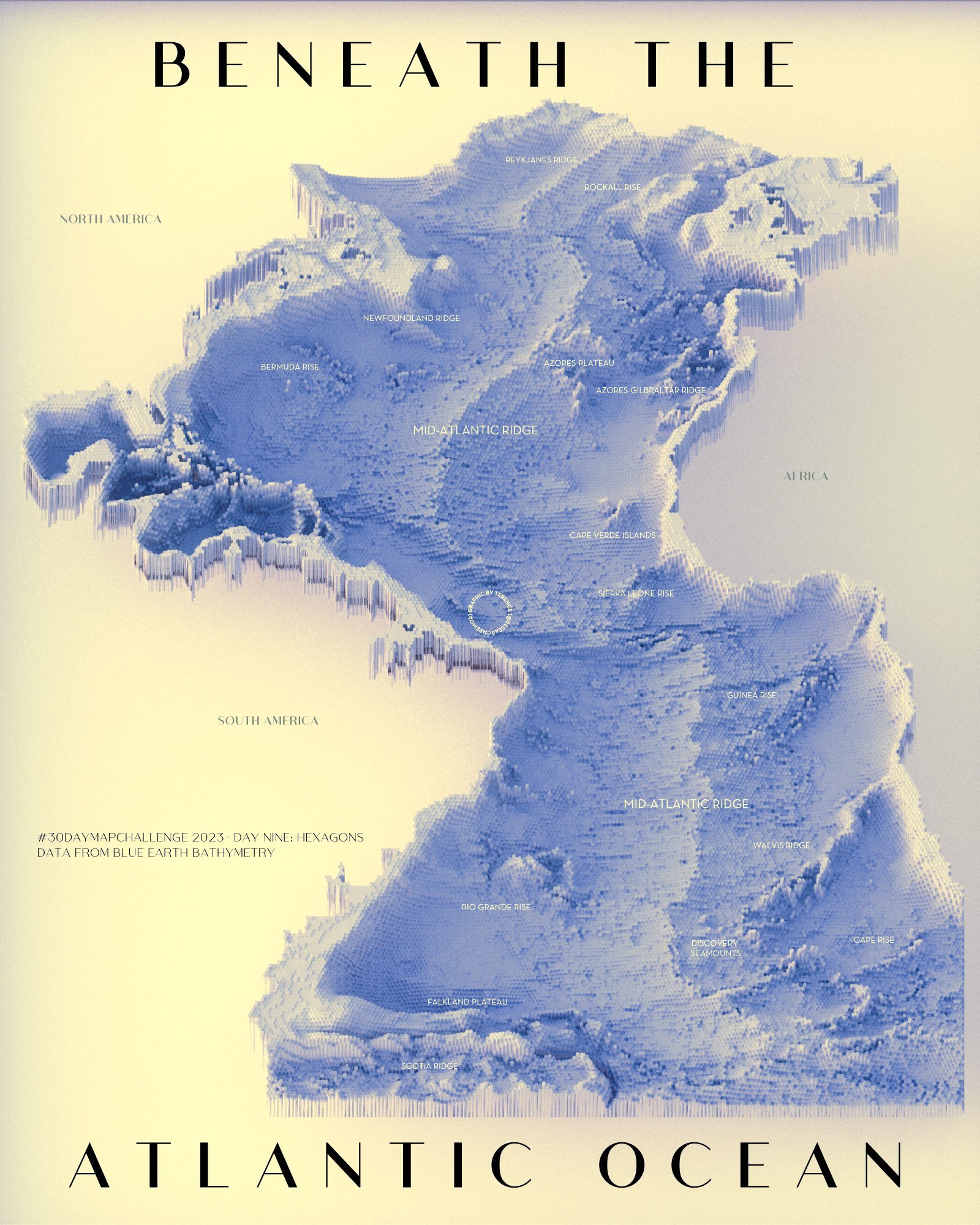 Terence: "#30DayMapChallenge Day 9: Hexagons. Beneath (or bathymetry of) the Atlantic Ocean," November 9 (<strong><a href="https://mastodon.social/@terence@fosstodon.org">Mastodon Post</a></strong>)