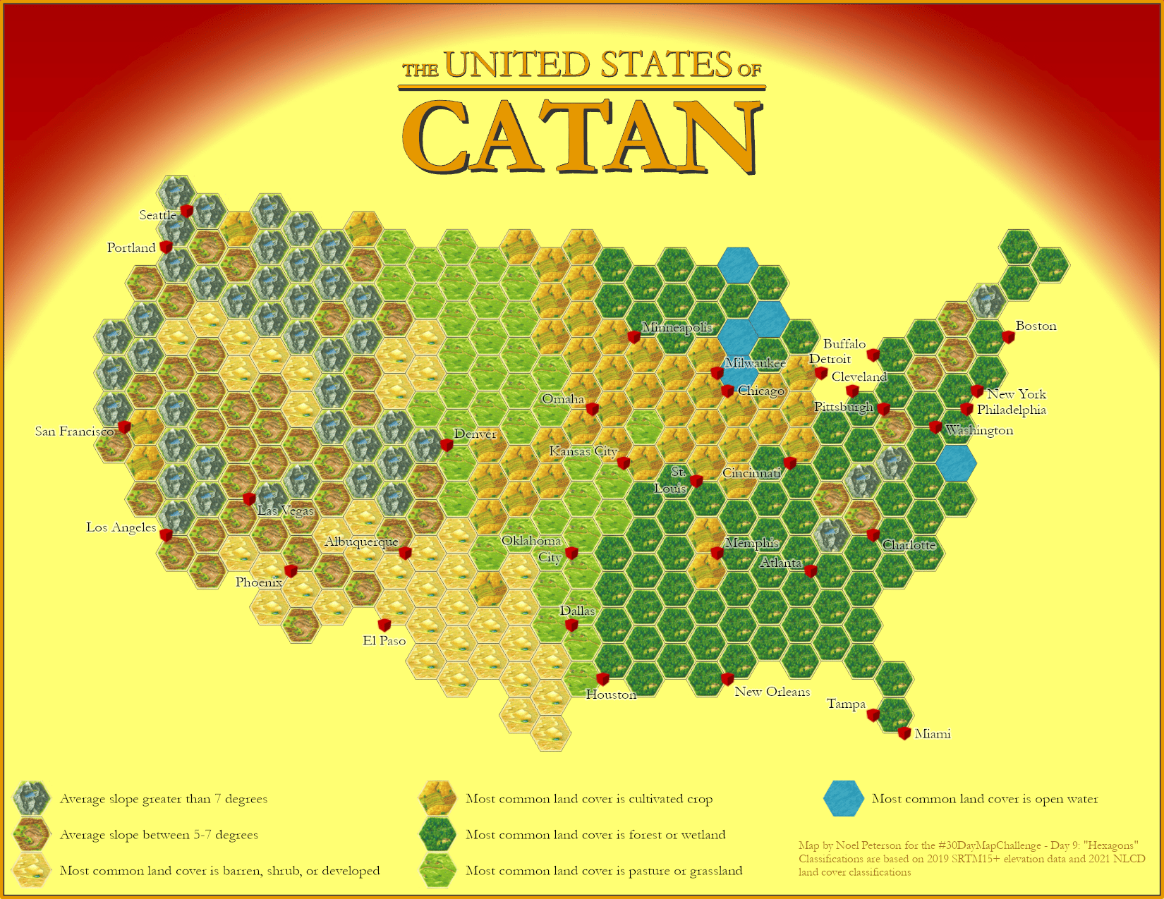 Noel Peterson: "#30DayMapChallenge Day 9: 'Hexagons,'" November 10 (<strong><a href="https://mastodon.social/@nmp@mas.to/111384630152552984">Mastodon Post</a></strong>)