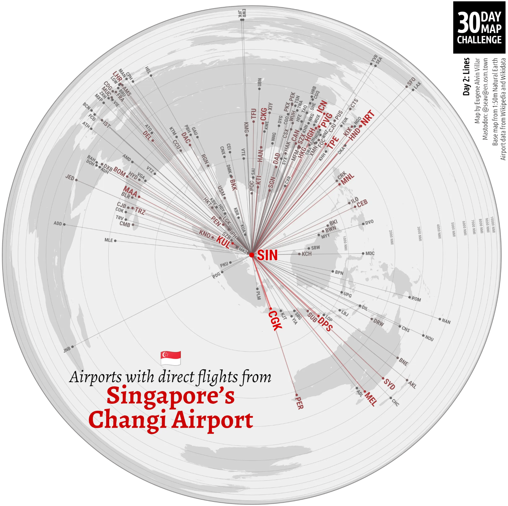 Eugene Alvin Villar: "Day 2: Lines, This map shows all the airports with direct flights from Singapore’s ChangiAirport (SIN) rendered on a custom logarithmic azimuthal map. Airports that are served by more airlines, like Jakarta (CGK) and Narita (NRT), are shown more prominently," November 2 (<a href="https://en.osm.town/@seav/115479983913228754"><strong>Mastodon</strong></a>)