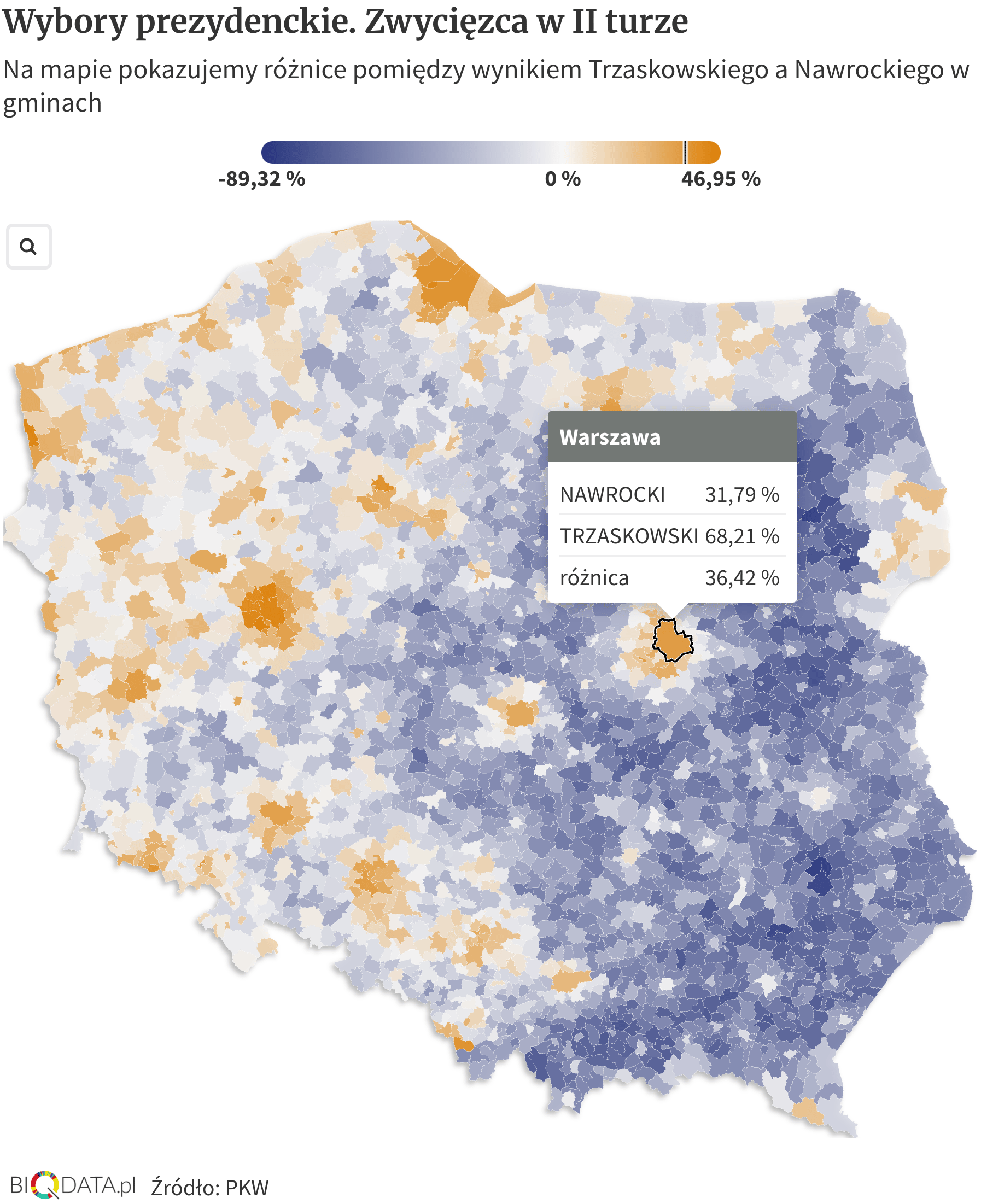 Gazeta Wyborcza: <a href="https://biqdata.wyborcza.pl/biqdata/7,159116,31990762,wyniki-wyborow-na-mapie-zobacz-jak-glosowali-twoi-sasiedzi.html"><strong>Wyniki wyborów na mapie. Zobacz, jak głosowali twoi sąsiedzi</strong></a> [<em>Chart tile: Presidential election. Winner in the second round</em>], June 2