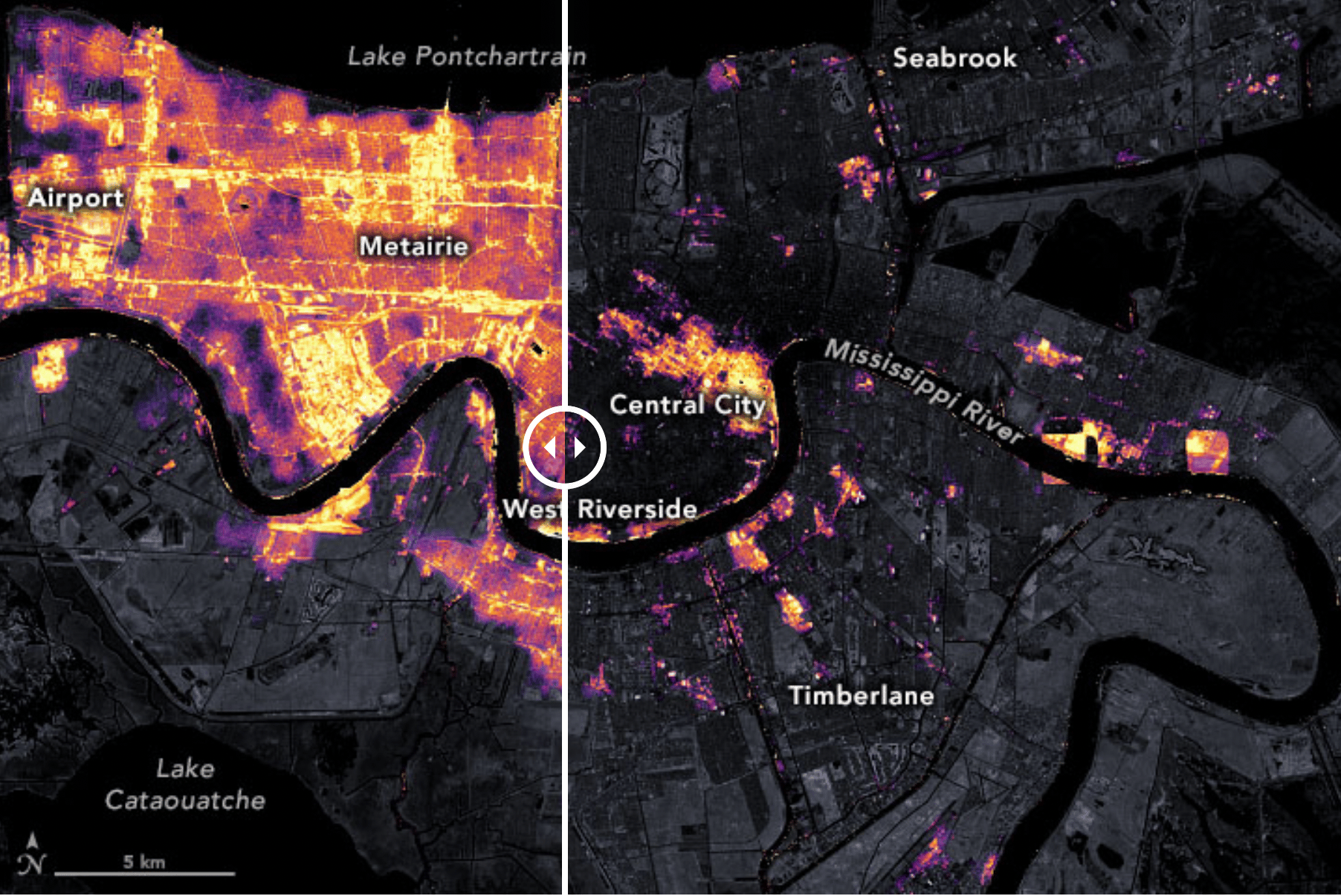 NASA Earth: <strong><a href="https://earthobservatory.nasa.gov/images/148777/satellite-observes-power-outages-in-new-orleans">Satellite Observes Power Outages in New Orleans</a></strong>, September 2 (Left: Nighttime lights on August 9, Right: August 31)