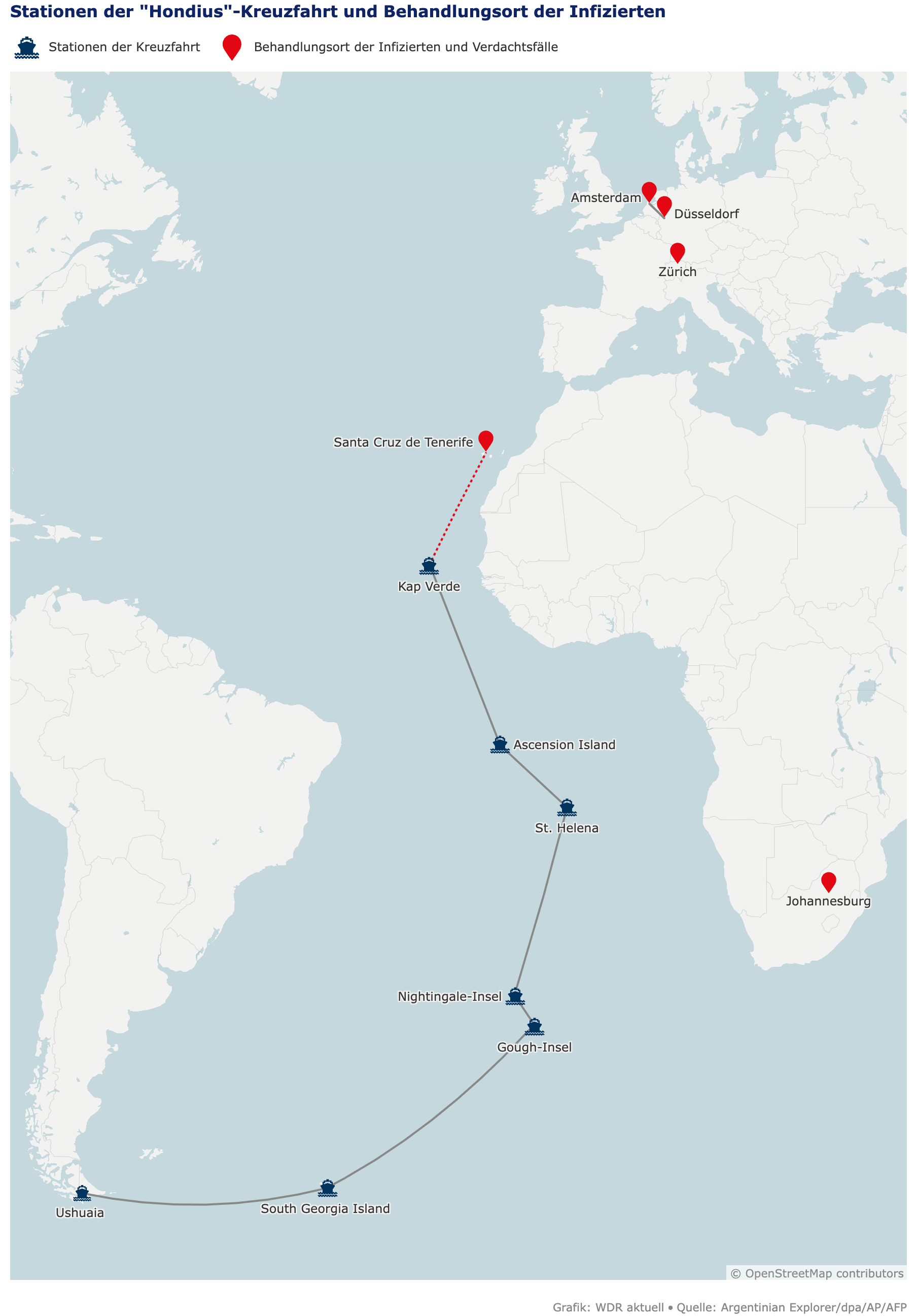 WDR: <a href="https://www1.wdr.de/nrw/hantavirus-kreuzfahrt-schiff-hondius-100.html"><strong>Wie geht es für die Passagiere weiter?</strong> </a>[<em>Chart title: Stops on the “Hondius” cruise and treatment locations for those infected</em>], May 10