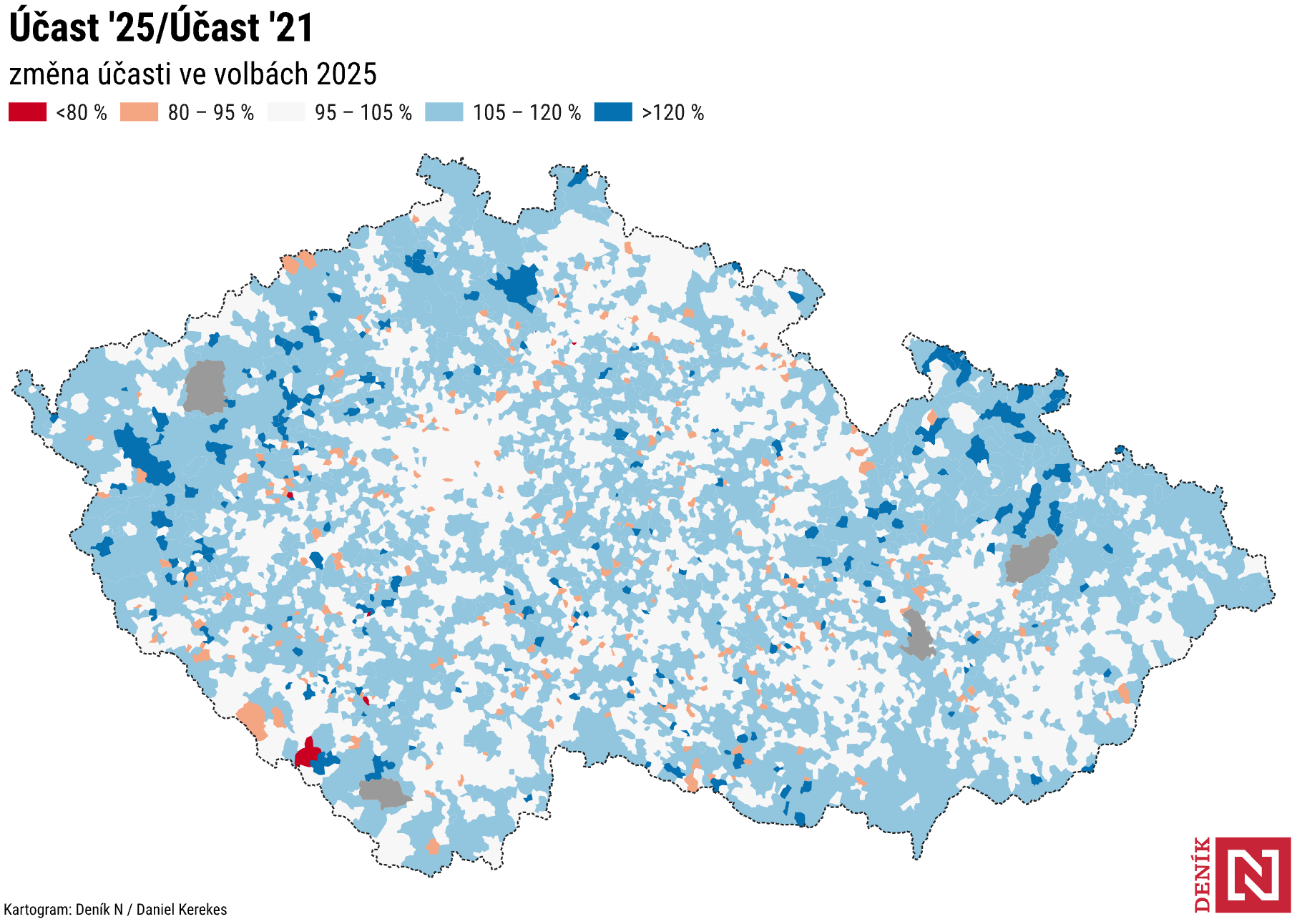 Deník N: <a href="https://denikn.cz/1858543/jaky-byl-recept-na-historicky-uspech-hnuti-ano-vysvetlujeme-v-mapach-a-grafech/?cst=ead7e875db9662ee11c1a6413fdf6acca3630cfdc1d12ac6050bca88d84f4fe6"><strong>Jaký byl recept na historický úspěch hnutí ANO? Vysvětlujeme v&nbsp;mapách a&nbsp;grafech</strong></a> [Chart description:<em> Change in participation in the 2025 elections</em>], October 5