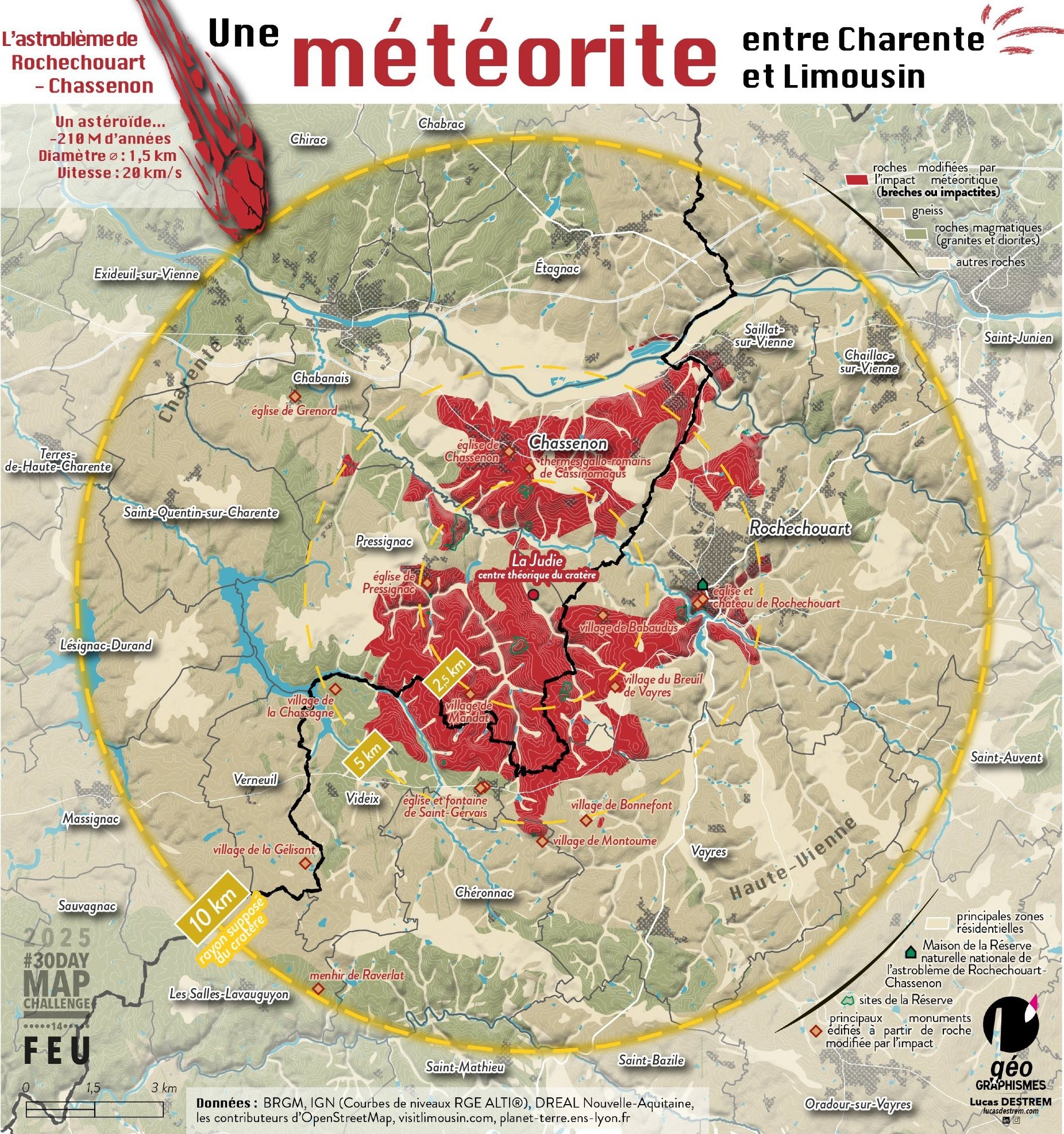 Lucas Destrem: "Jour 15 : Feu ! L'astroblème de Rochechouart-Chassenon. Souvenir de l'impact d'un astéroïde d'1,5 km de diamètre, tombé il y a plus de 200 millions d'années entre Charente et Limousin. 20 km/s : imaginez la puissance !" [<em>Day 15: Fire! The Rochechouart-Chassenon astrobleme. Remains of the impact of an asteroid 1.5 km in diameter, which fell more than 200 million years ago between the Charente and Limousin regions. 20 km/s: imagine the power!</em>], November 15 (<a href="https://bsky.app/profile/lucasdestrem.bsky.social/post/3m5nrdcdmd22m"><strong>Bluesky</strong></a>)
