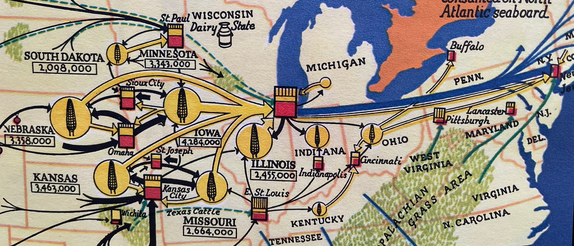 Jason Forrest: "This article on massive cattle farms [in the Fortune Magazine from December 1933] has some amazing maps. Completely vivid and exotically detailed... The lettering and icons are wonderful, each detail adds opt-in information despite not needing to do so." (<a href="https://twitter.com/Jasonforrestftw/status/1433566425143287809"><strong>Tweet</strong></a>)
