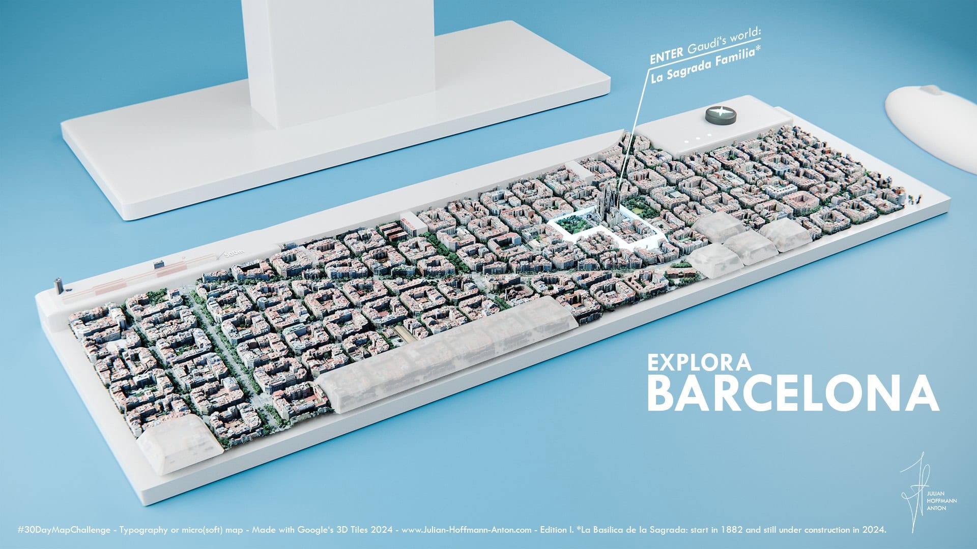 Julian Hoffmann Anton: "Explore Gaudi’s World – A Tribute to Barcelona. For the #30DayMapChallenge, I experimented with the theme 'Typography' or 'Micro(soft) map' and couldn’t resist making it playfully of course, resulting in a creative cityscape map," November 28 (<strong><a href="https://bsky.app/profile/julianhoffmann.bsky.social/post/3lbytiw2qic22">Bluesky</a></strong>)