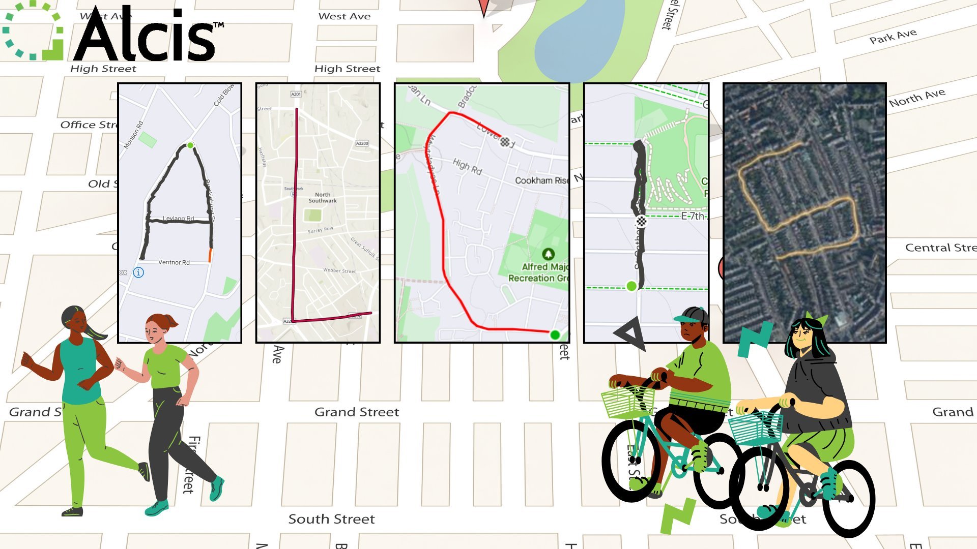 AlcisGeo: "Today is day 17 of the <a href="https://x.com/hashtag/30DayMapChallenge?src=hashtag_click">#30DayMapChallenge</a> and the theme is: 'Collaborative Map'. Five members of our team took off on bicycles or running shoes to create the letters that make up 'Alcis.' Look at us go!" November 17 (<strong><a href="https://x.com/AlcisGeo/status/1858192123163803736/photo/1">Tweet</a></strong>)