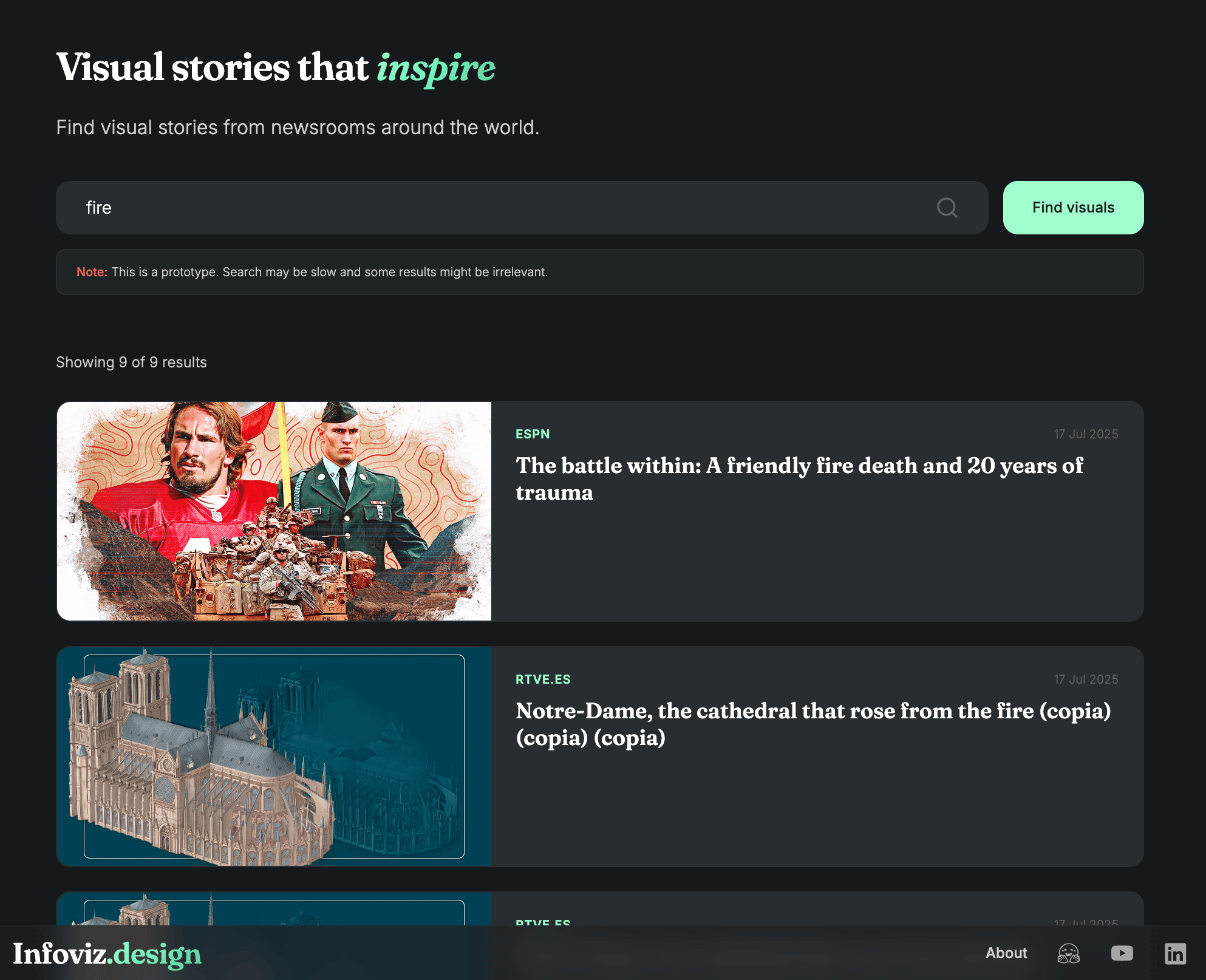 Tom Vaillant: "Just released Infoviz.design! Finding inspiration for visual journalism usually means digging through archives or searching across many different sources. This tool uses our old database of visual stories with an LLM to let you semantically search for inspiration using the editorial themes [...]," November 18 (<a href="https://www.linkedin.com/feed/update/urn:li:activity:7396202416465084416/"><strong>LinkedIn</strong></a>, <a href="https://www.infoviz.design/"><strong>Infoviz.design</strong></a>)