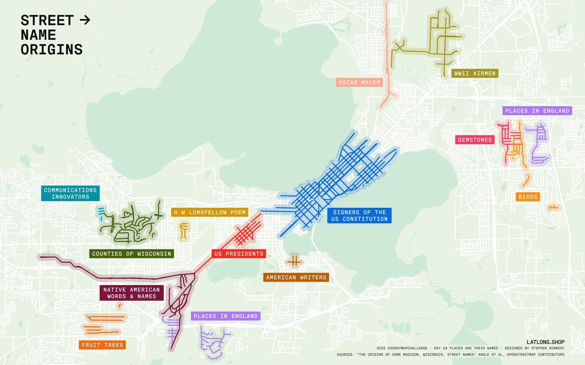 Stephen Kennedy: "Day 24 Places and Their Names | Street Name Origins: While many streets are named for locals, several clusters hide bigger stories. Much of downtown is Doty’s tribute to signers of the US Constitution. In the Vilas neighborhood, a band of streets honors a few US Presidents," November 24 (<a href="https://bsky.app/profile/latlong.shop/post/3m6ez5tvr4s2q"><strong>Bluesky</strong></a>)