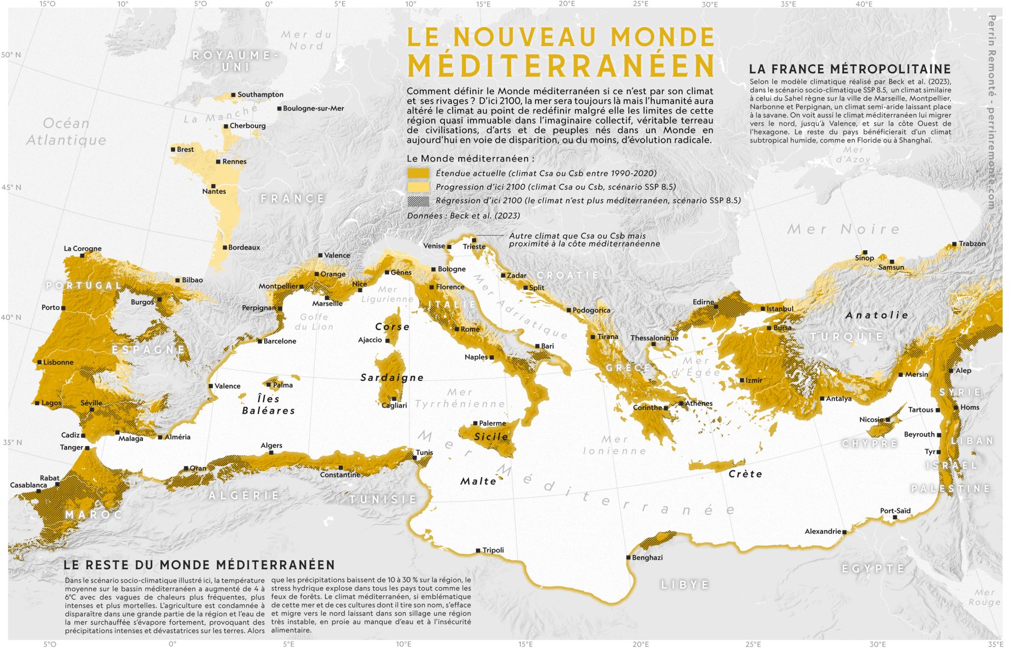 Perrin Remonté: "[...] Ma carte propose de prendre un peu d'avance et d'envisager le pire : nous sommes en 2100, et après avoir suivi une trajectoire socio-climatique mondiale pessimiste (scénario SSP 8.5) la région a pris entre 4°C et 6°C supplémentaires. Les climats ont changé, et avec eux, tout le reste. Où est le Monde "méditerranéen" actuel? [...]" [<em>My map suggests taking a step forward and considering the worst-case scenario: it is the year 2100, and after following a pessimistic global socio-climatic trajectory (SSP 8.5 scenario), the region has warmed by between 4°C and 6°C. Climates have changed, and with them, everything else. Where is the current “Mediterranean” world?</em>], November 17 (<a href="https://www.linkedin.com/in/perrin-remont%C3%A9-b782a792/recent-activity/all/"><strong>LinkedIn</strong></a>)