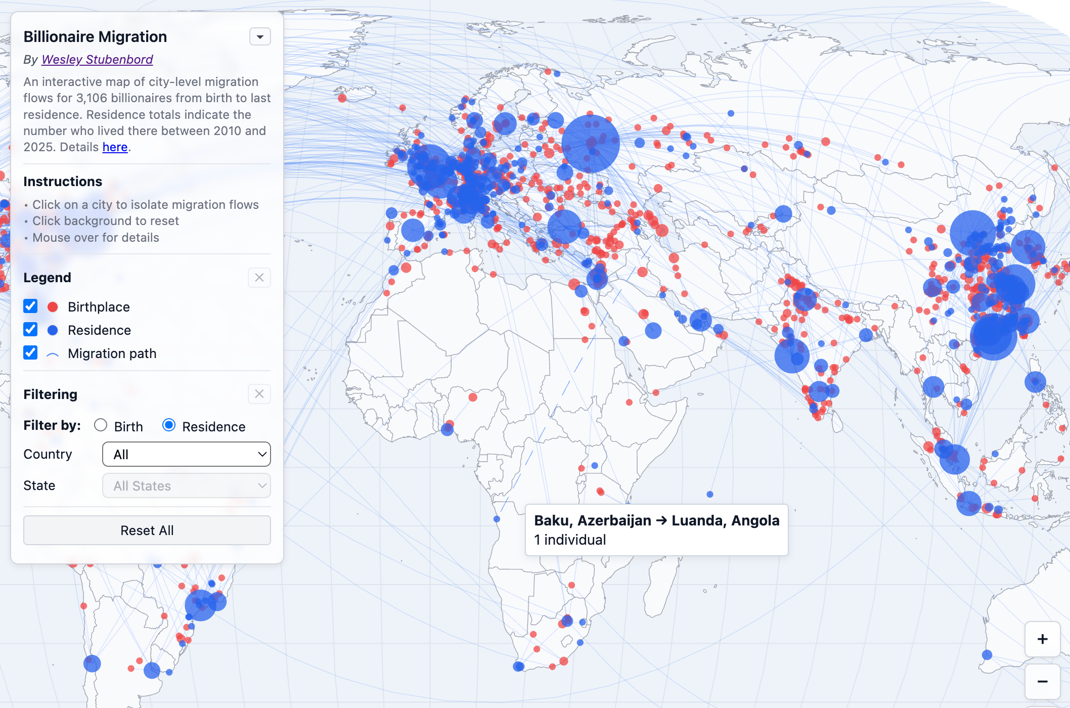 Wesley Stubenborn: "New from me: An interactive data visualization showing billionaire migration: paths from birthplace to most recent residence for &gt; 3,100 of the world’s richest individuals," November 11 (<a href="https://bsky.app/profile/wesleystubenbord.bsky.social/post/3m5bg6aork22j"><strong>Bluesky</strong></a><strong>, </strong><a href="https://wesleystubenbord.com/viz/billionaire-migration-map/migration-map.html"><strong>Billionaire Migration map</strong></a>)