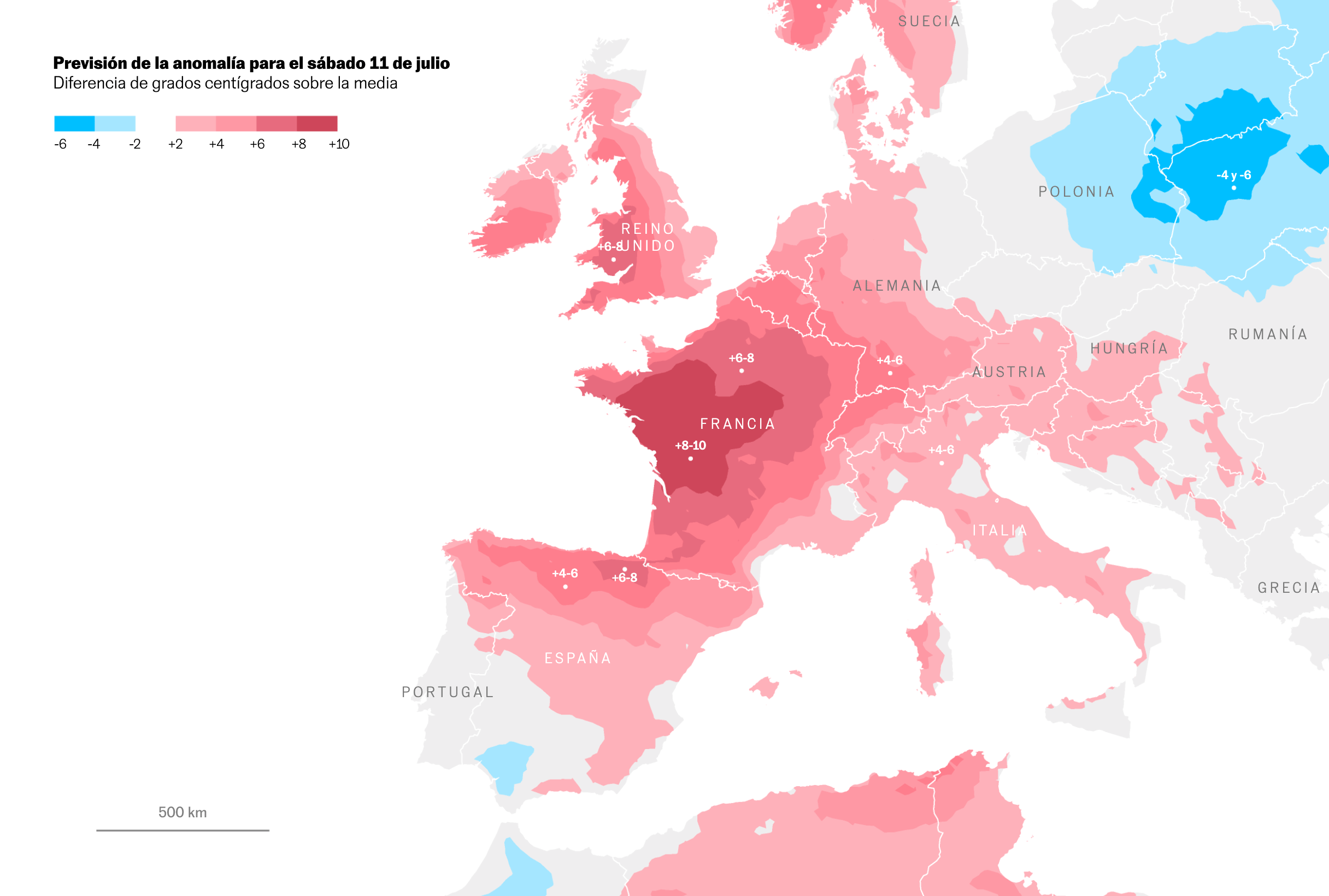 El País: <a href="https://elpais.com/clima-y-medio-ambiente/2026-07-08/como-de-extremo-es-este-calor-los-datos-de-una-anomalia-historica-en-europa.html"><strong>¿Cómo de extremo es este calor? Los datos de una anomalía histórica en Europa</strong></a> <em>[Map title: Anomaly Forecast for Saturday, July 11; difference from the average in degrees Celsius]</em>, July 8