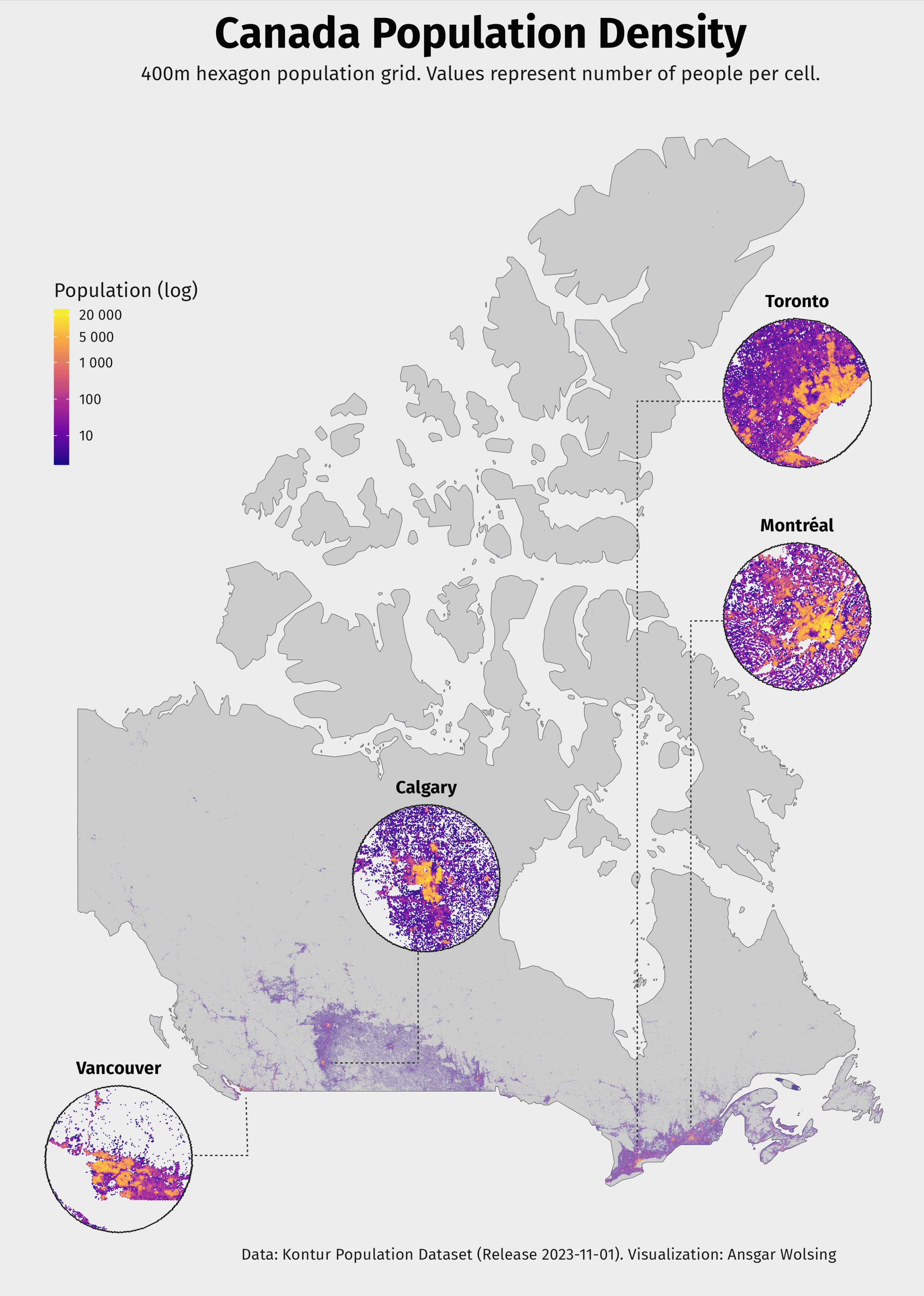 Ansgar Wolsing: "The vast majority of Canada is sparsely inhabited, with most of its population south of 55 °N. This map shows population density and provides a zoomed-in view of the largest cities," November 10 (<strong><a href="https://twitter.com/_ansgar/status/1722904277981770042">Tweet</a></strong>)