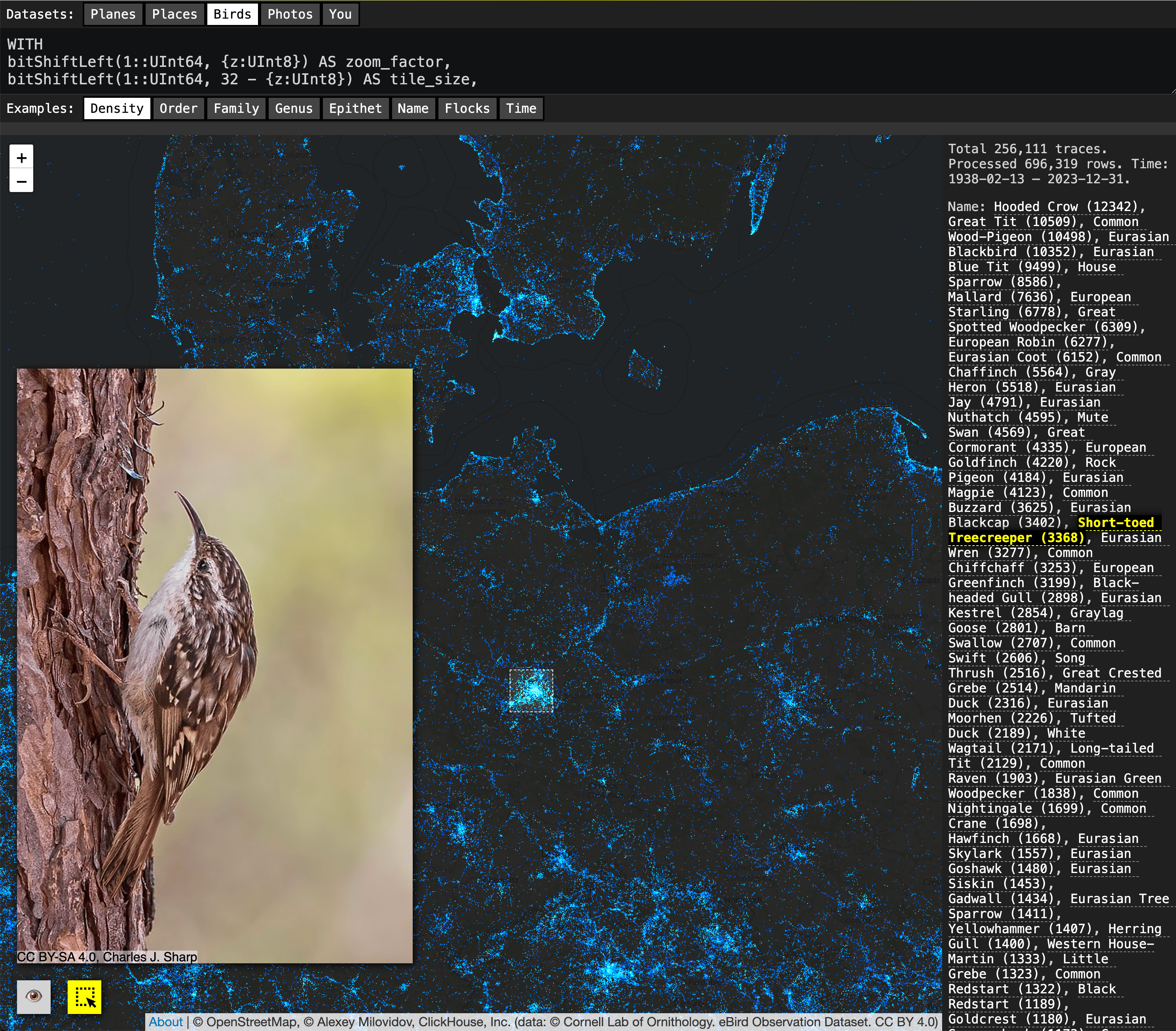 Maps Mania: "The ADS-B Massive Visualizer now maps 1.5 billion eBird observations […]," June 6 (<a href="https://googlemapsmania.blogspot.com/2025/06/mapping-billion-birds.html"><strong>Blog</strong></a>, <a href="https://adsb.exposed/?dataset=Birds"><strong>Tool</strong></a>) <span class="badge">Huge database</span>