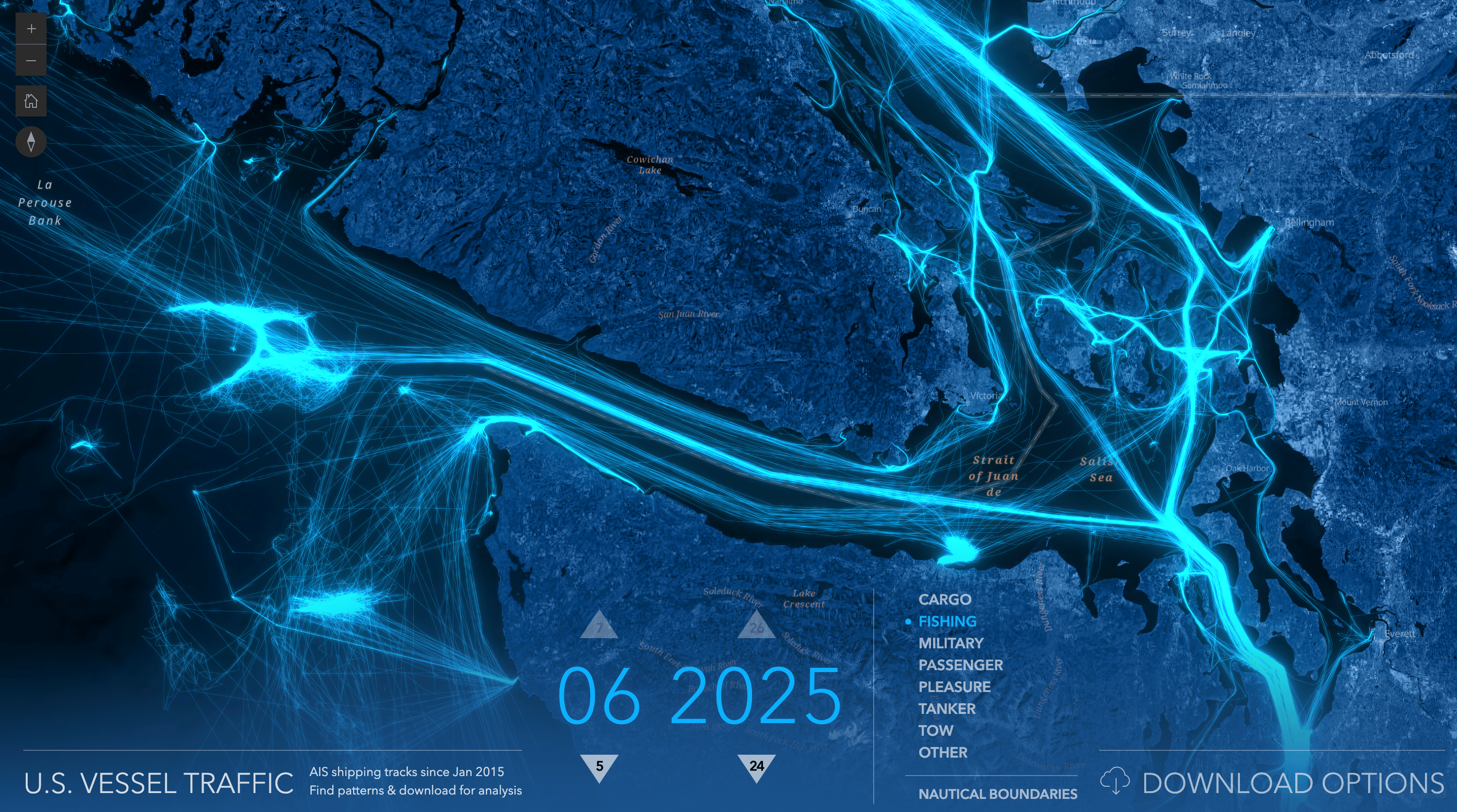 John Nelson: "Working on some cool new features for the Vessel Traffic app with oceanographer Keith VanGraafeiland and developer Jinnan Zhang. In the meantime, the Salish Sea / Strait of Georgia, in the Pacific Northwest, has some handsome patterns," May 19 (<a href="https://www.linkedin.com/in/johnmnelson/recent-activity/all/"><strong>LinkedIn</strong></a>, <a href="https://livingatlas.arcgis.com/vessel-traffic/#@=-124.026,48.405,9&amp;time=202506&amp;sublayer=Fishing"><strong>project website</strong></a>)