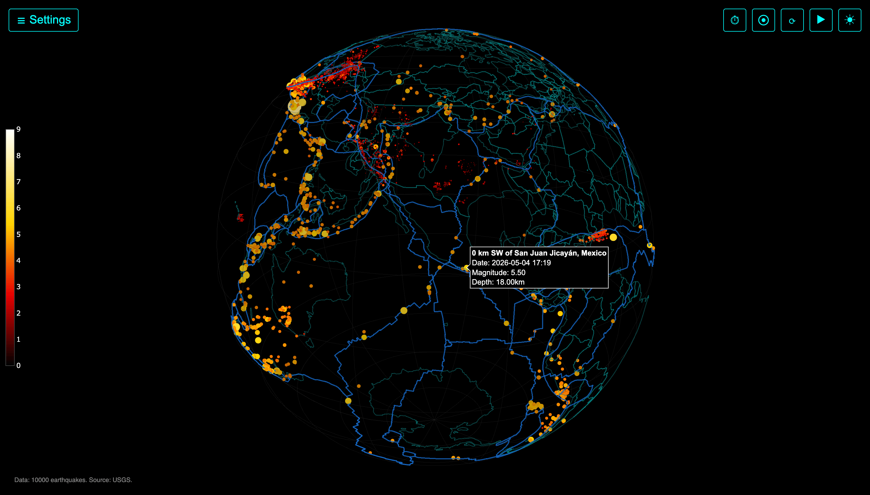 Information Is Beautiful: "30 days of global earthquakes in one 3D map," May (<a href="https://bsky.app/profile/infobeautiful.bsky.social/post/3mlqkp4a4jd2t"><strong>Bluesky</strong></a>, <a href="https://earthquakes.peterhunt.uk/"><strong>project website</strong></a>)