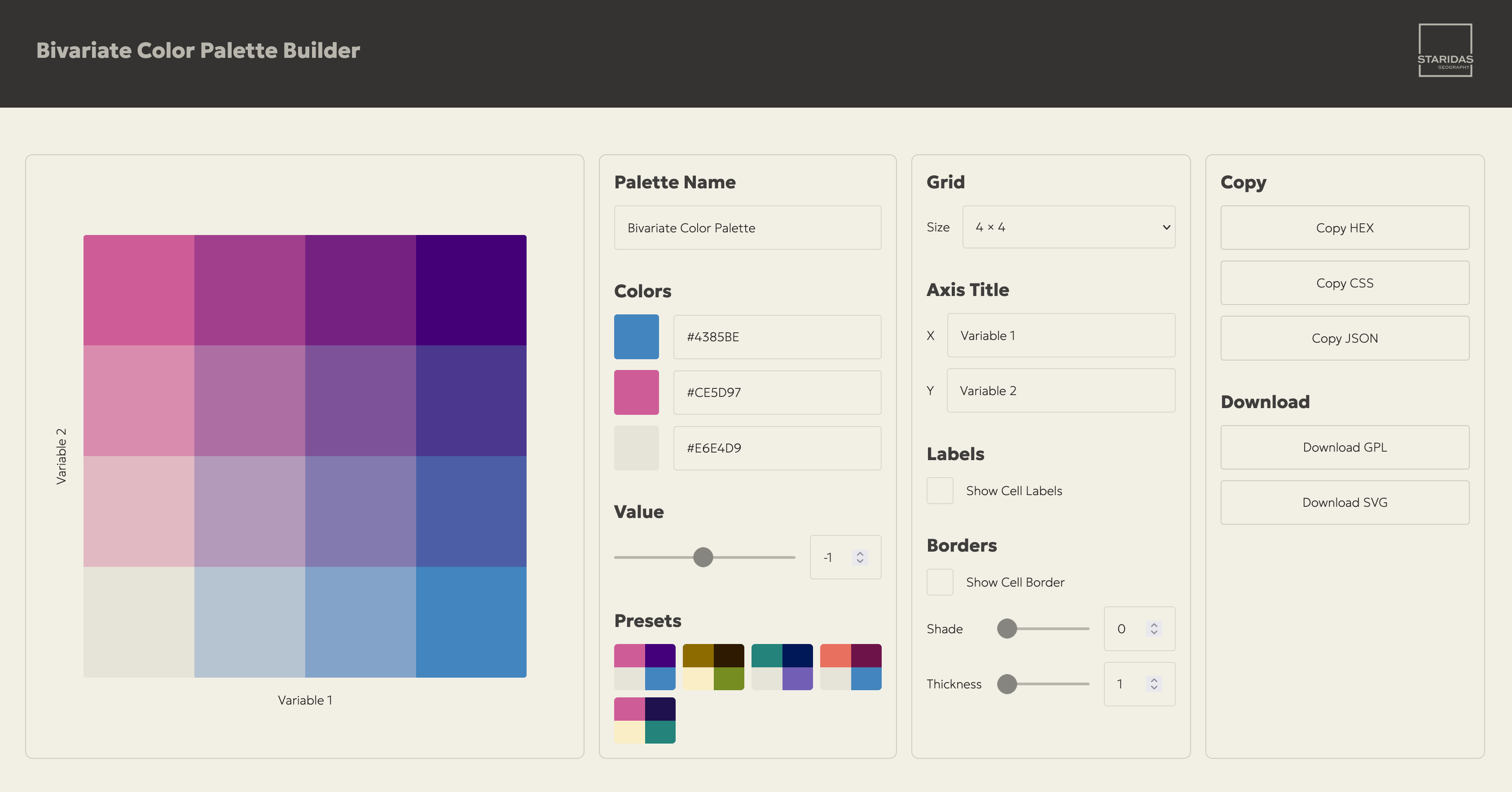 Spiros Staridas: "I finally made something I've wanted for a long time: my Bivariate Color Palette Builder!," August 17 (<a href="https://lnkd.in/p/dHQd6BiE"><strong>LinkedIn</strong></a>, <a href="https://www.staridasgeography.gr/blog/bivariate-color-palette/"><strong>article</strong></a>, <a href="https://www.staridasgeography.gr/blog/bivariate-color-palette/builder/"><strong>project</strong></a>)