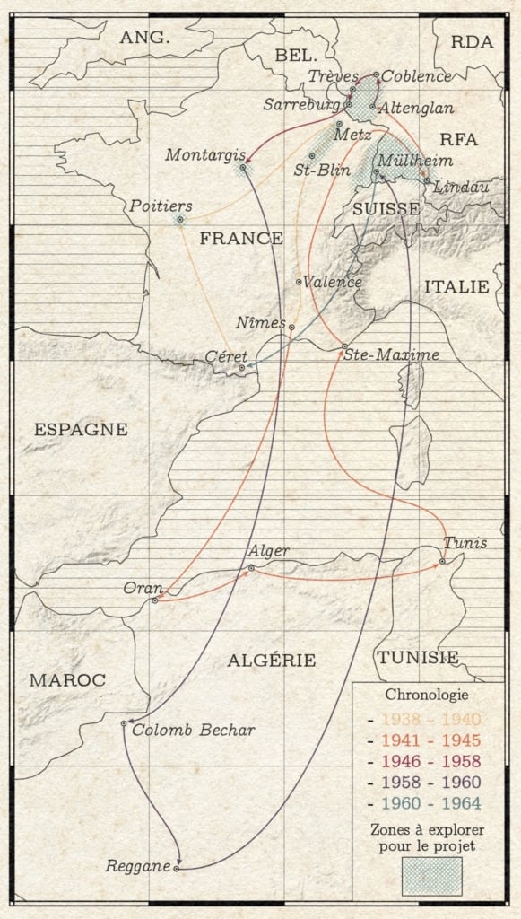 Laurent Gontier: "Carto de l'itinéraire professionnel de mon grand-père, officier artilleur pendant et après la Seconde Guerre mondiale [...]," November 5 (<a href="https://x.com/laurentgontier/status/1853730732713079053/photo/1"><strong>Tweet</strong></a>)